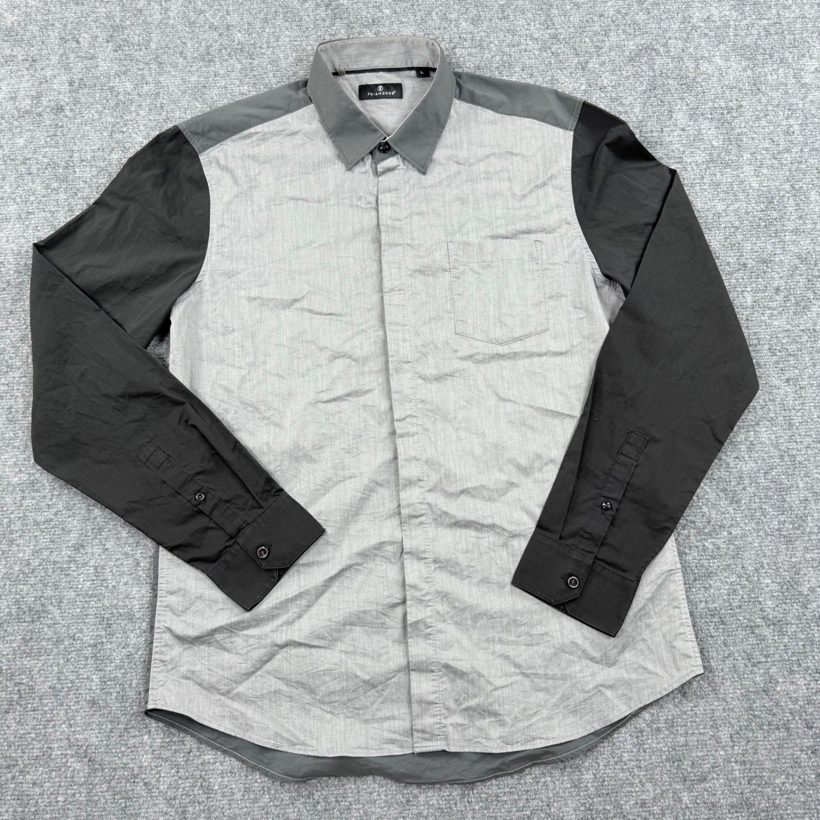 7 DIAMONDS Mens Grey Black Colorblock Long Sleeve Button Up Shirt Size Large