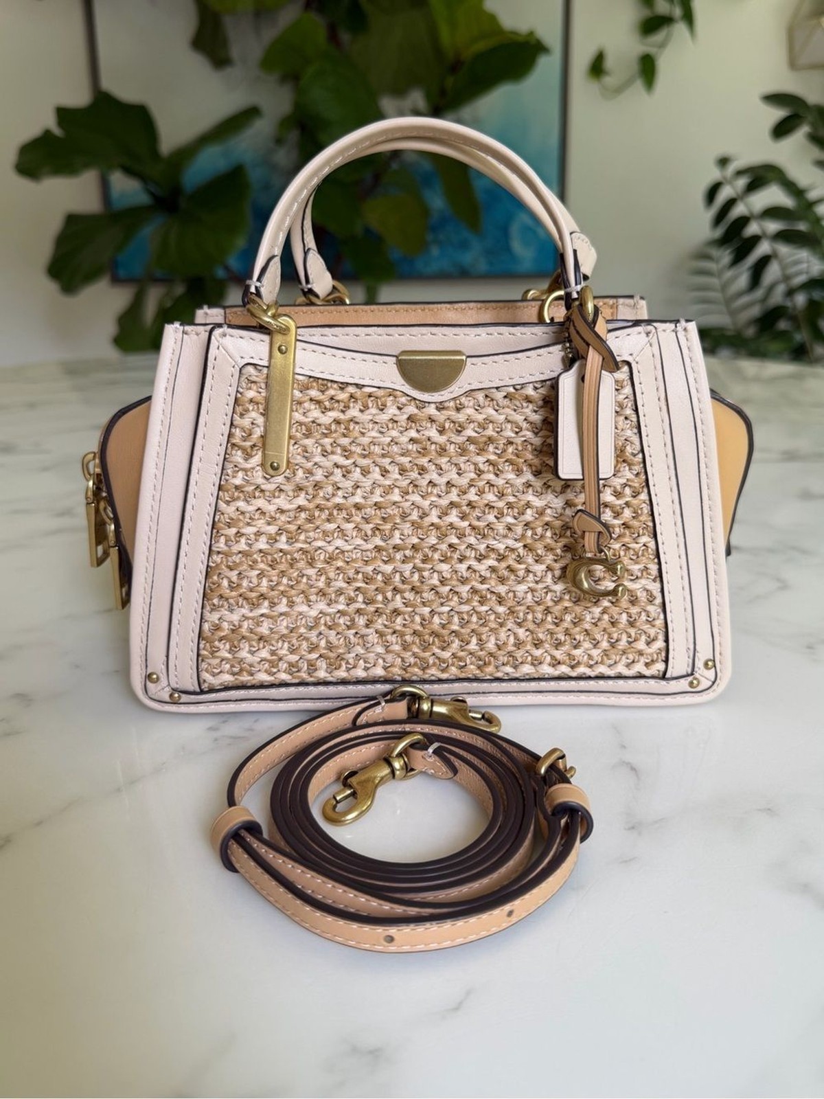 Coach Dreamer 21 In Colorblock Raffia Straw & Leather Satchel Crossbody 69623