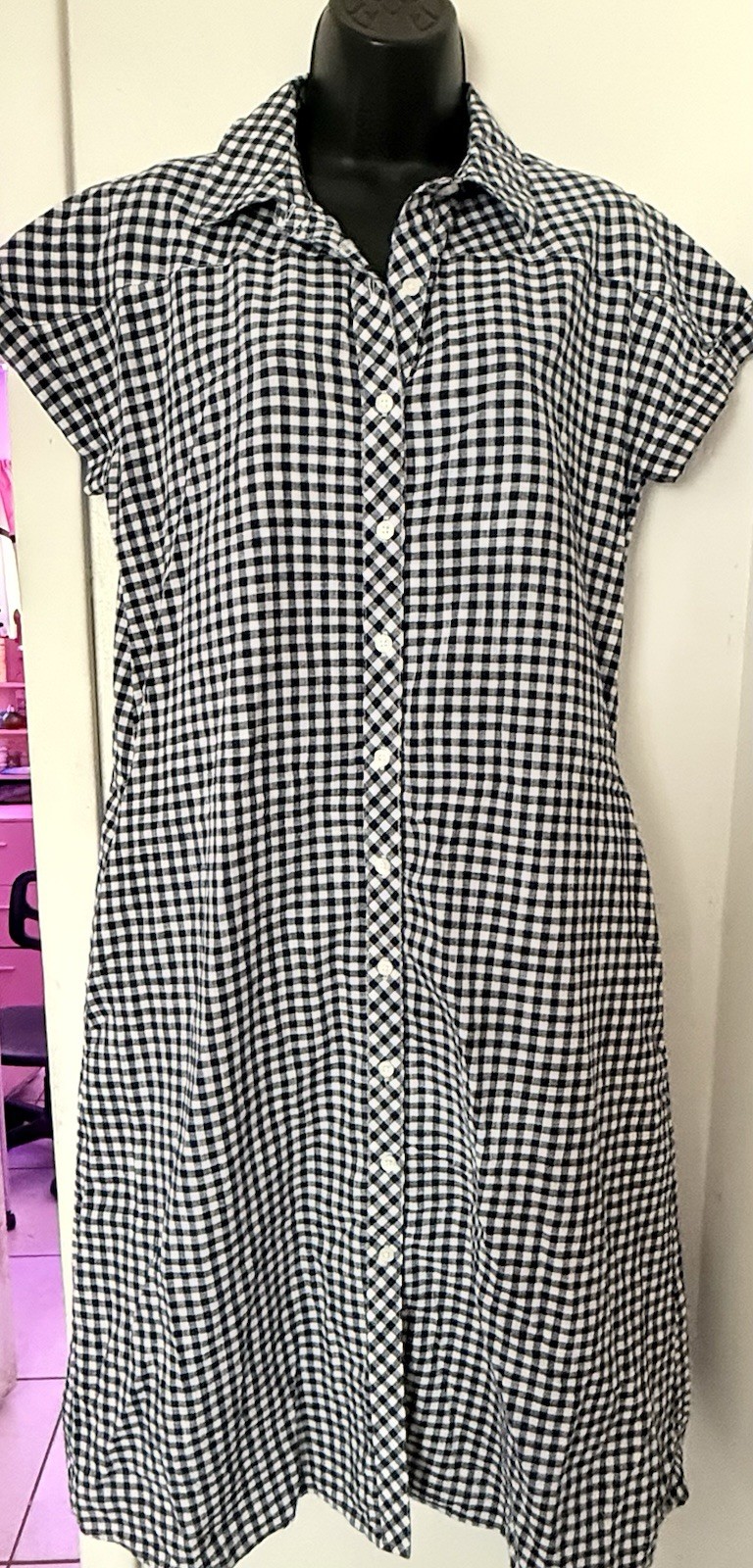 ginghem Women’s L Black White Gingham Shirt Dress Collared Button Pockets