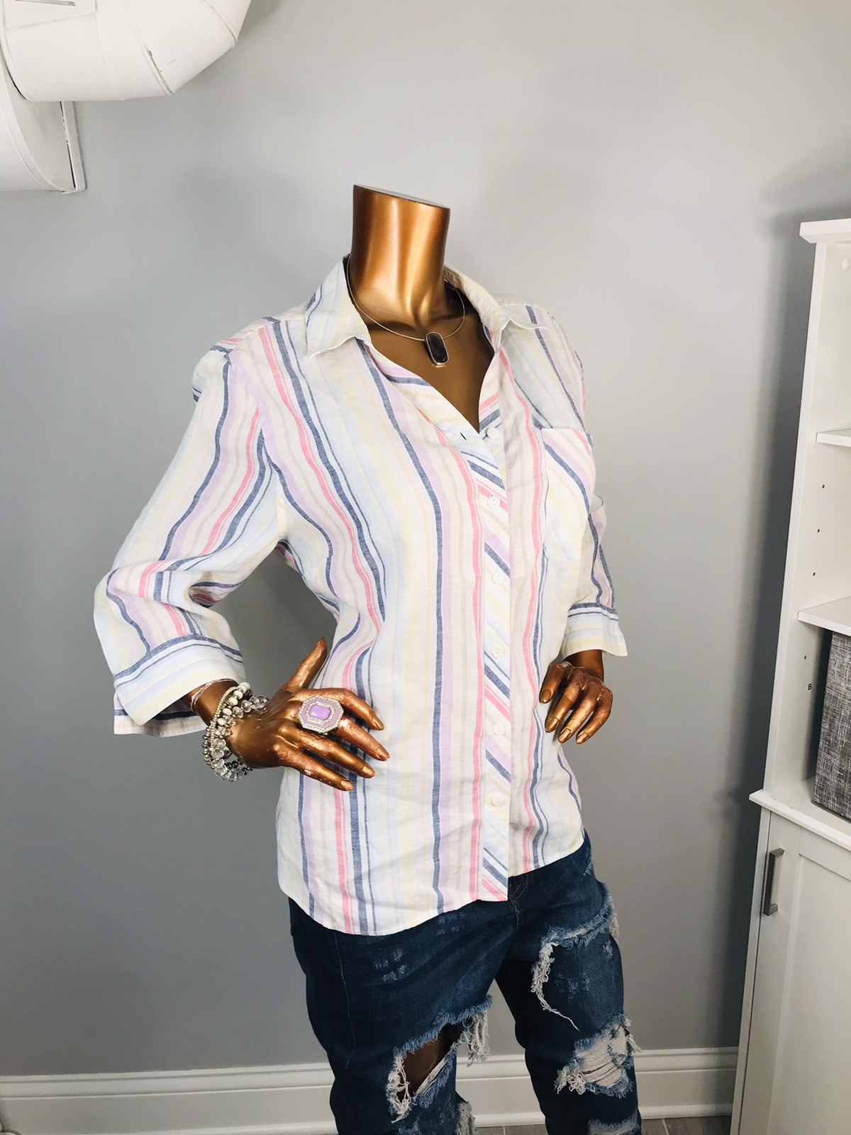 Chico’s 3 or XL Top Striped Soft 100% Linen Button Up Shirt 3/4 Sleeves Low Cut