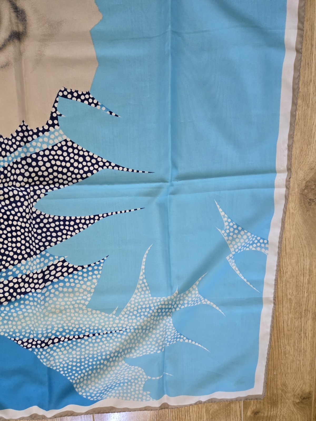 Vintage LEONARDI Silk Scarf in Shades of Blue + Tan. 31.5 inches x 31.5 inches