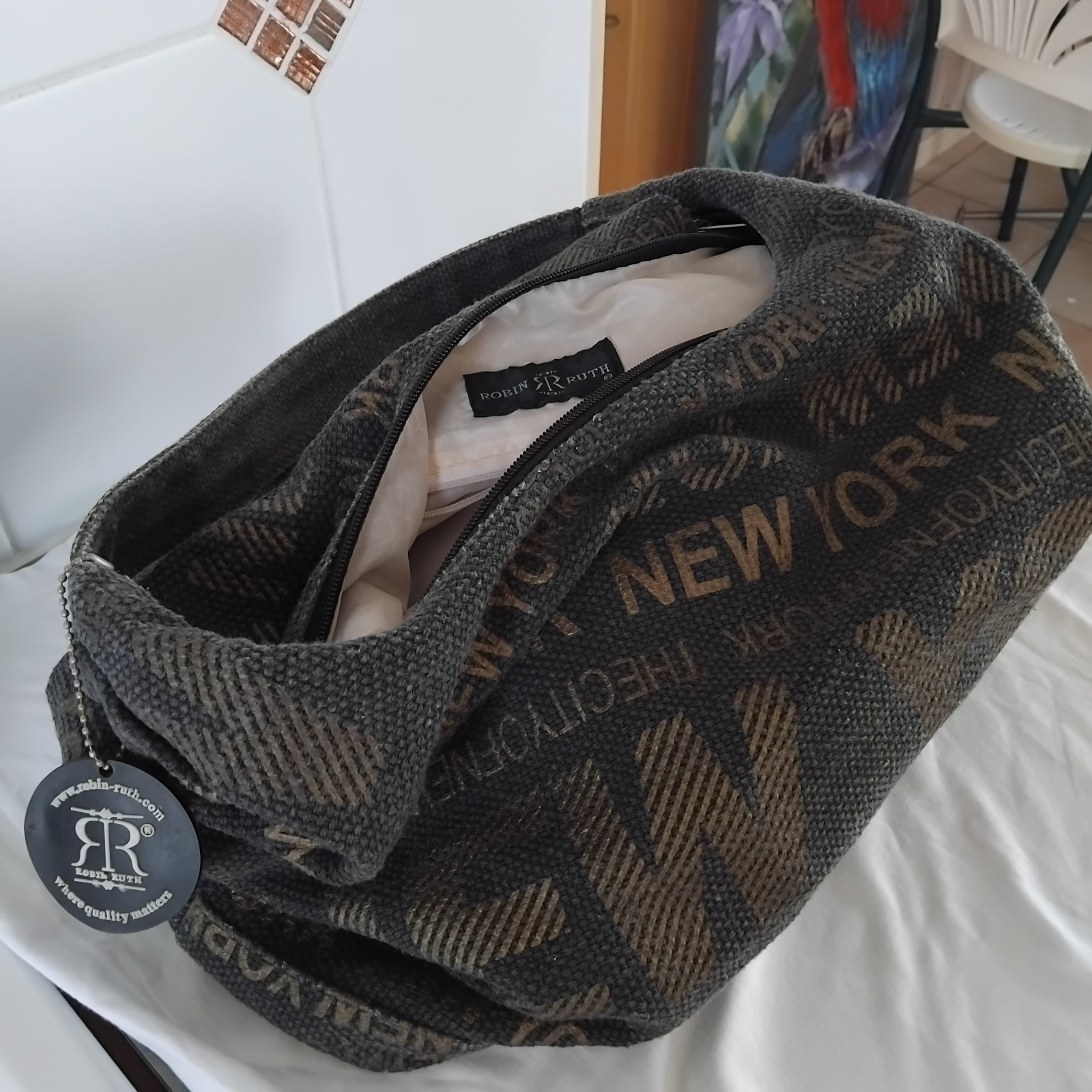 Robin Ruth Grey Woven Fabric Logo Zip Shoulder Bag w/ Charm Silver Hardware