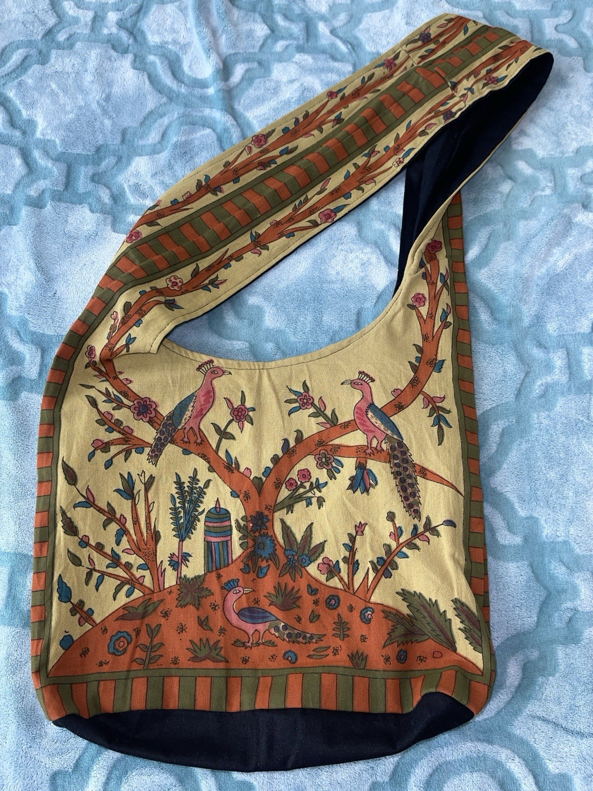 Full Moon Loom Tree of Life 100% Cotton Peacock Floral Motif Shoulder Hobo Bag