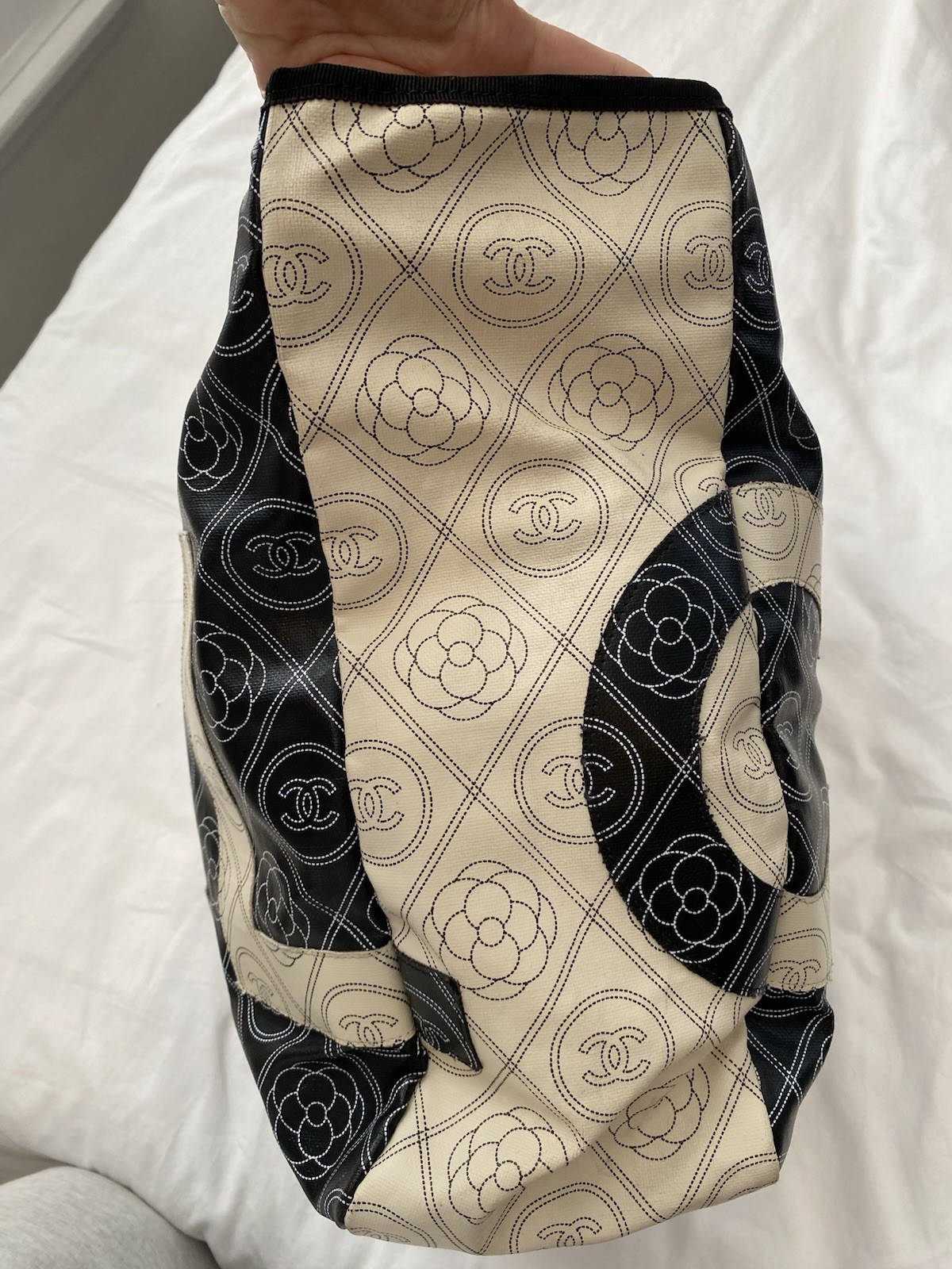 CHANEL Large Deauville Camellia Shopping Coated Canvas Tote Bag Black Beige✨