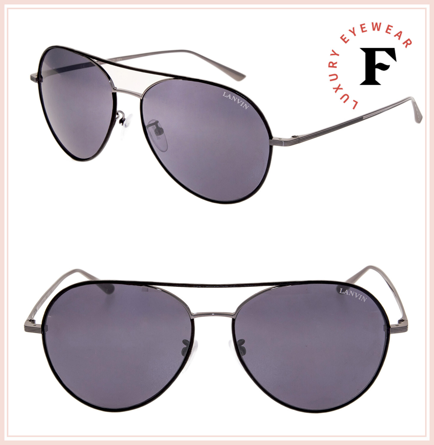 LANVIN 110 Ruthenium Black Leather Titanium Mirrored Aviator Sunglasses SLN110M