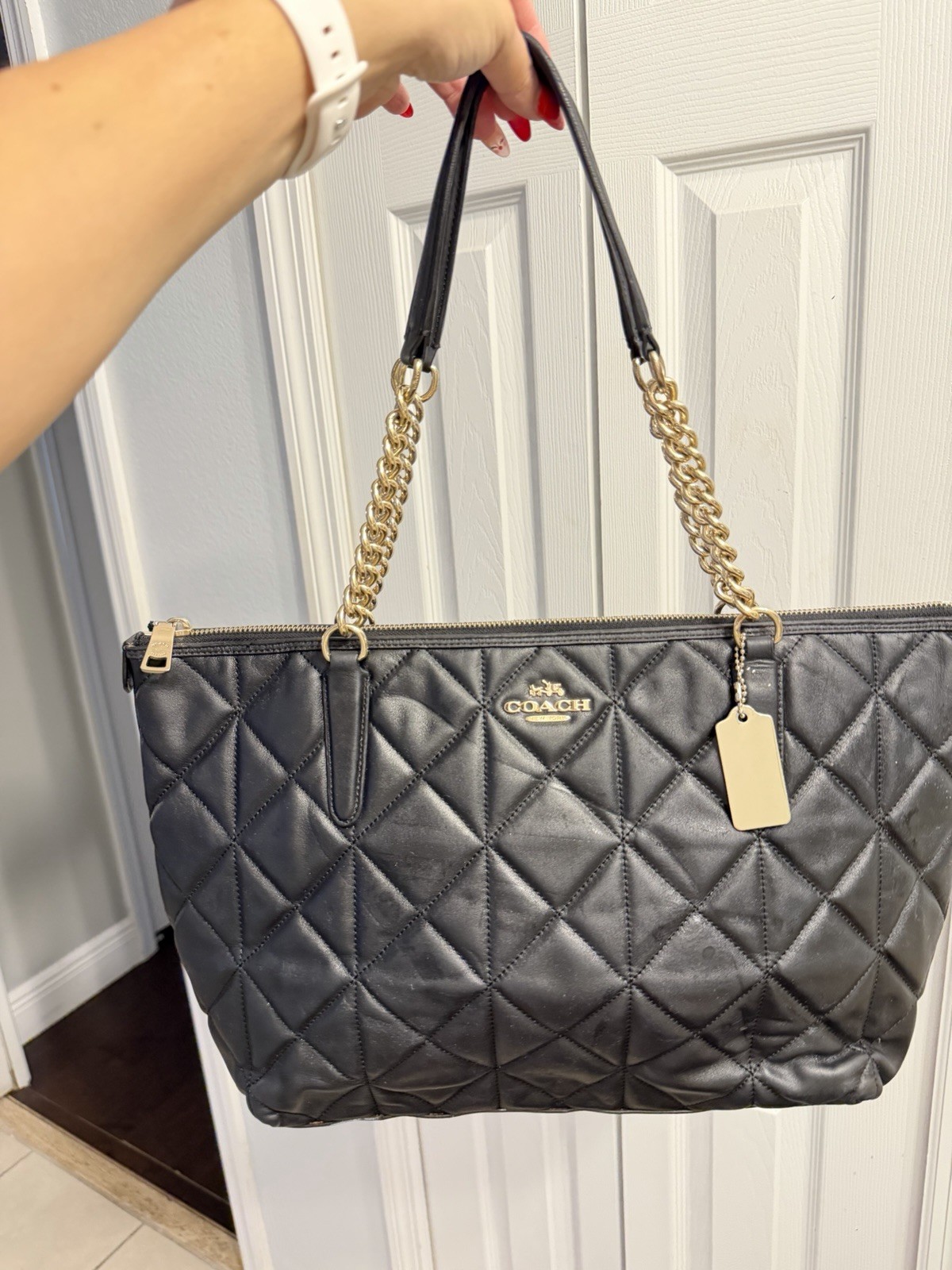 Coach Ava Chain Tote Bag Quilted Leather Black Gold Logo Chic Quiet Luxury
