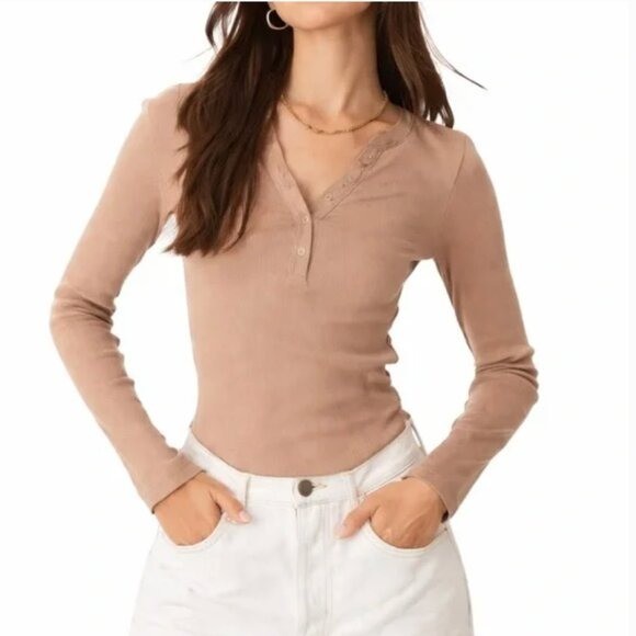 Aerie Women’s Size Small Real Soft Button Front Henley Top Beige Tan Ribbed Long