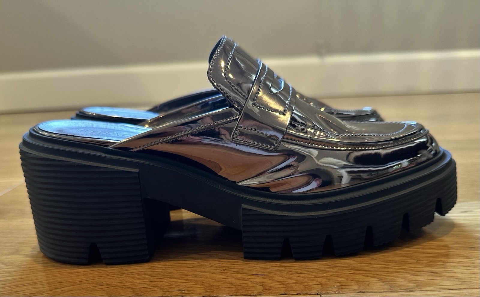Stuart Weitzman Soho Platform Loafer Mules Mirror Metallic Pewter Lug Sole