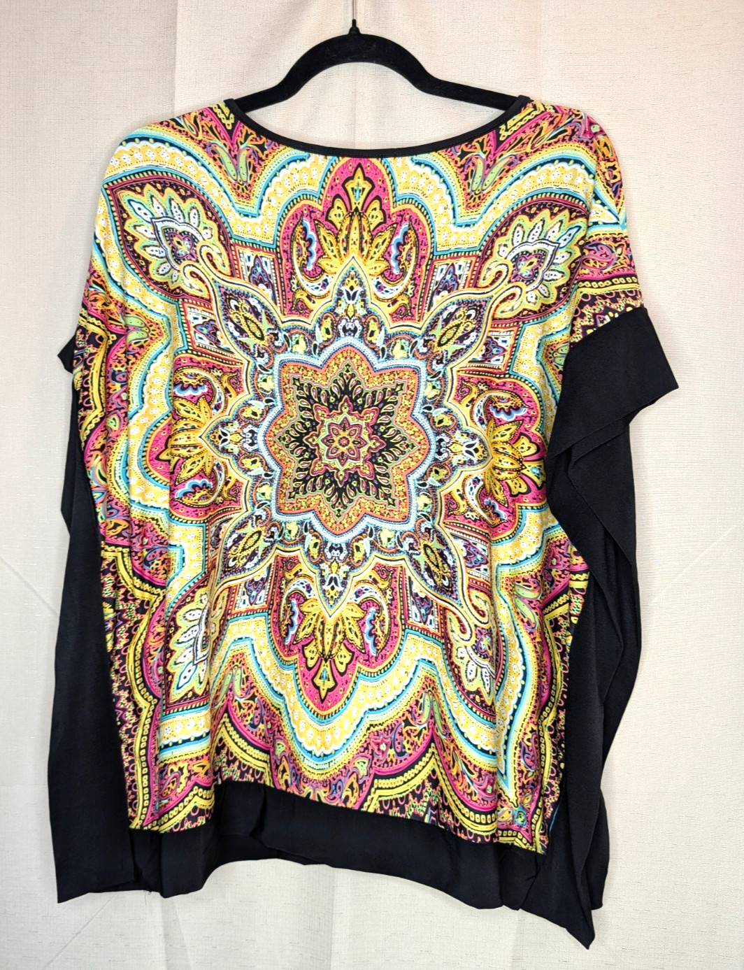 Ny Collection Women’s Sizer M Batwing Sleeves Black Brown Paisley Silky Blouse