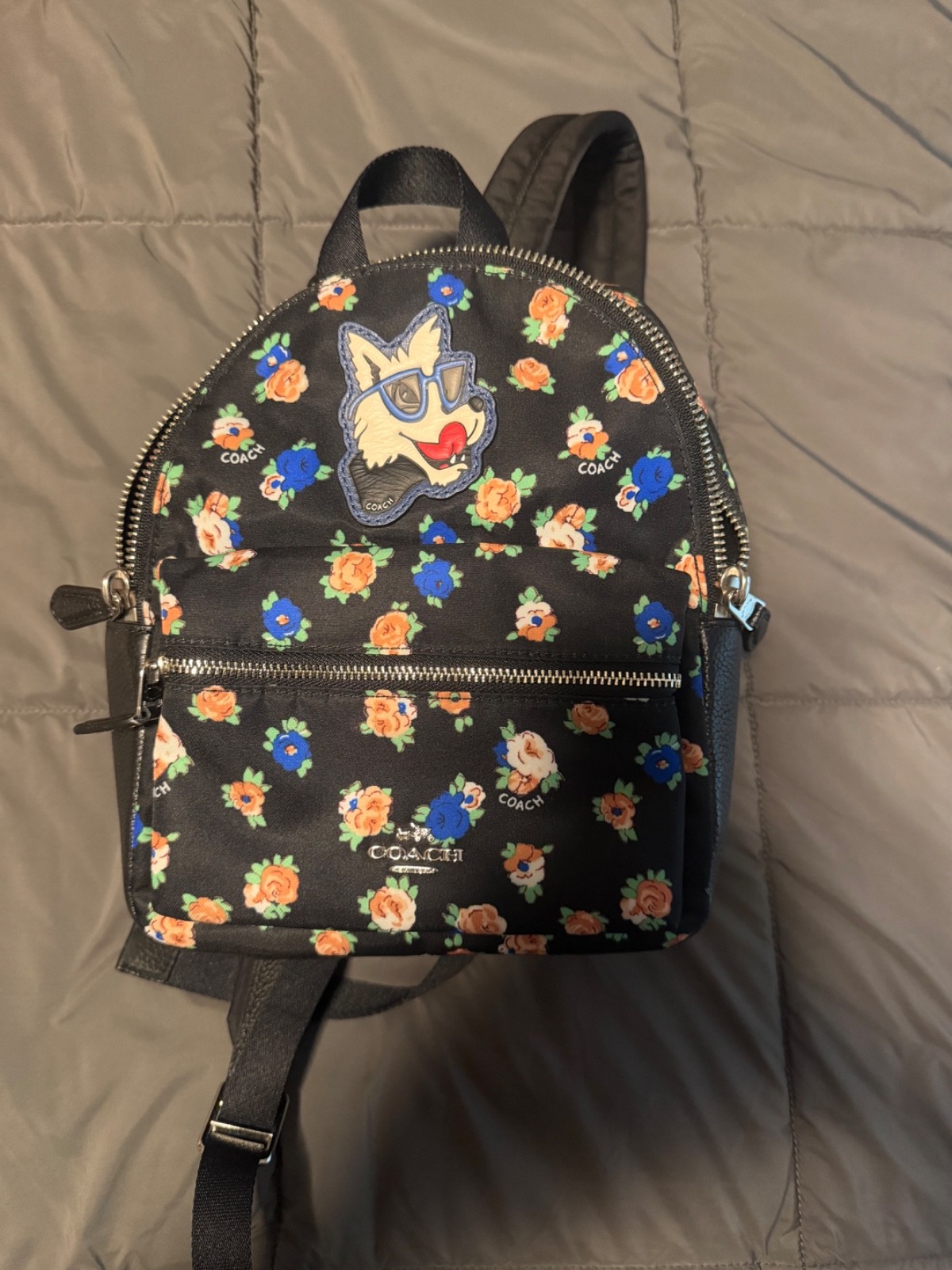 NEW Coach F57636 Tea Rose Floral Print Nylon Mini Charlie Backpack- Black Multi