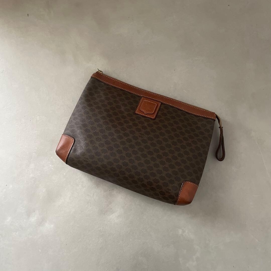 Celine Macadam PVC Leather Clutch Bag Brown Vintage Womens 11.8×9.4×2.8in