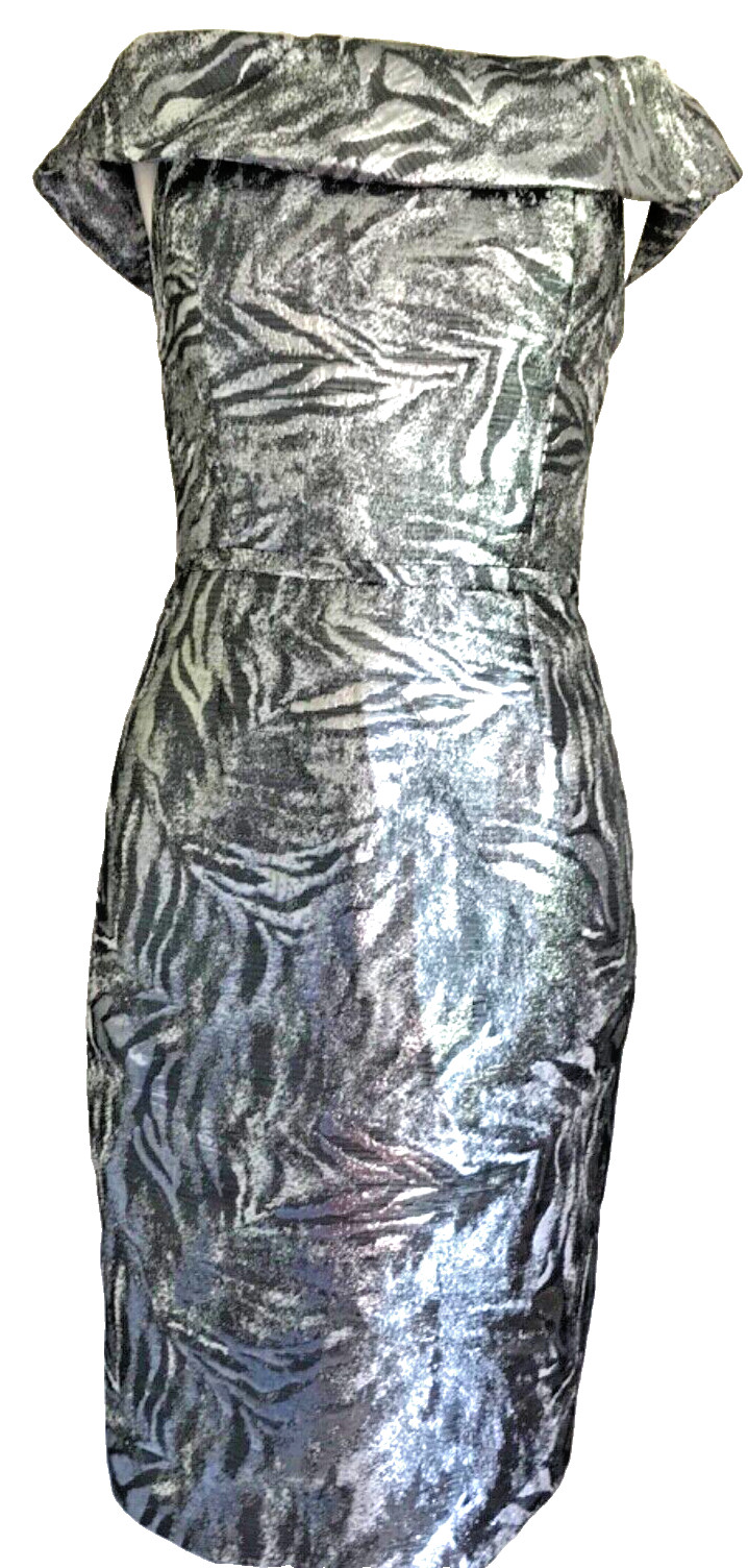 Retro Pinup Dress, Silver Off The Shoulder Cocktail Formal Wedding Lined M/L