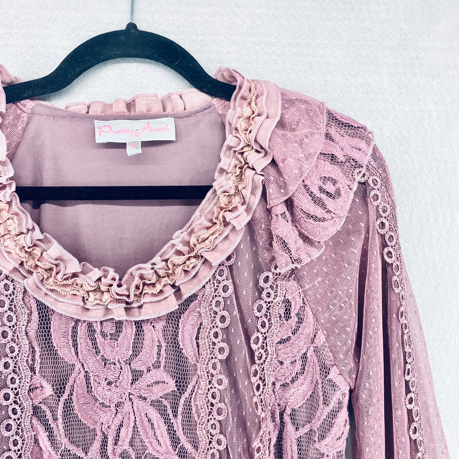 Pretty Angel Cottagecore Top Womens M Purple Lace Silk Blend Blouse Fairy Boho