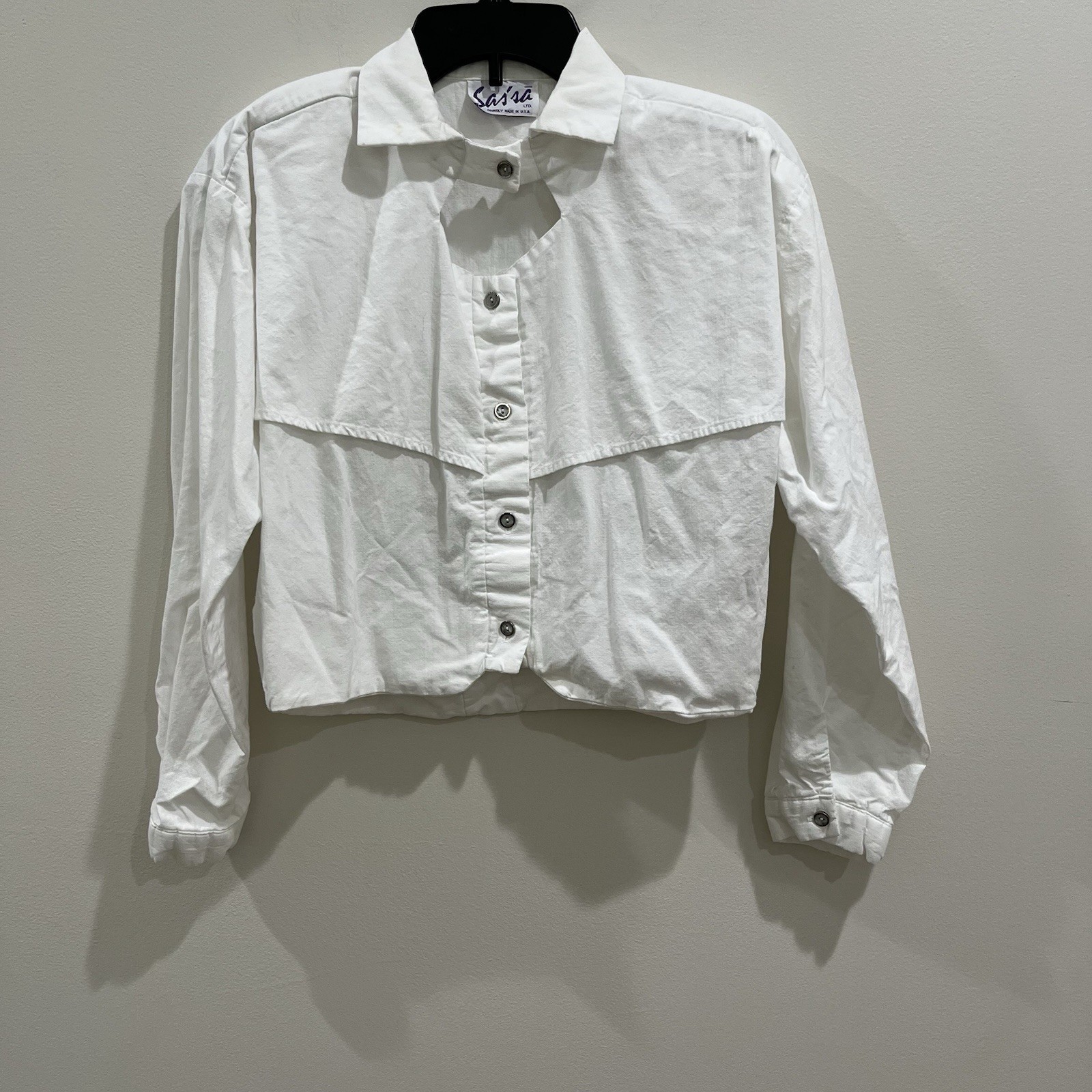 Vintage Sas’sa White Cotton Blend Crop Shirt Shoulder Pads Women Cowgirl USA