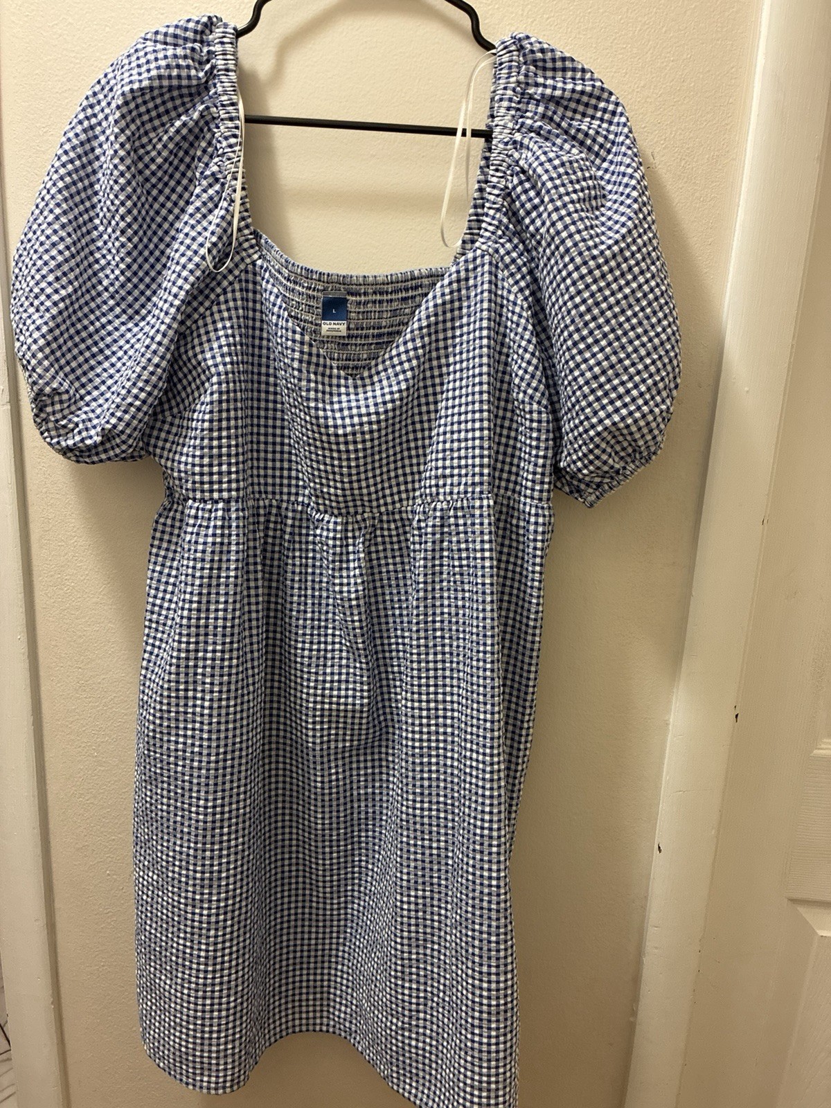 Old Navy Womens Gingham Dress Large Milkmaid Puff Sleeves Summer Farm Girl