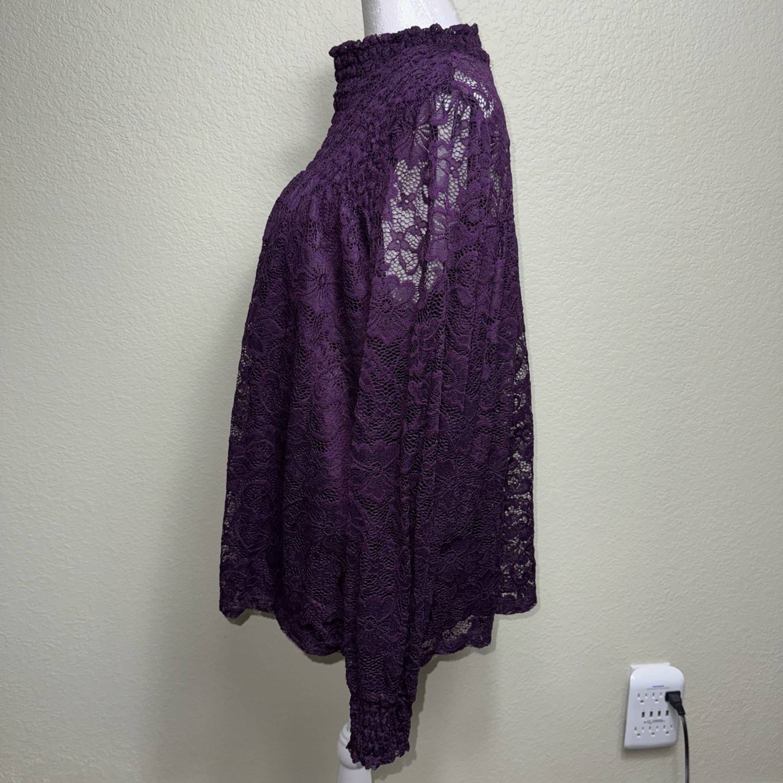 Cable & Gauge Purple Lace Top Blouse XL Smocked Neck Romantic Whimsigoth Fairy