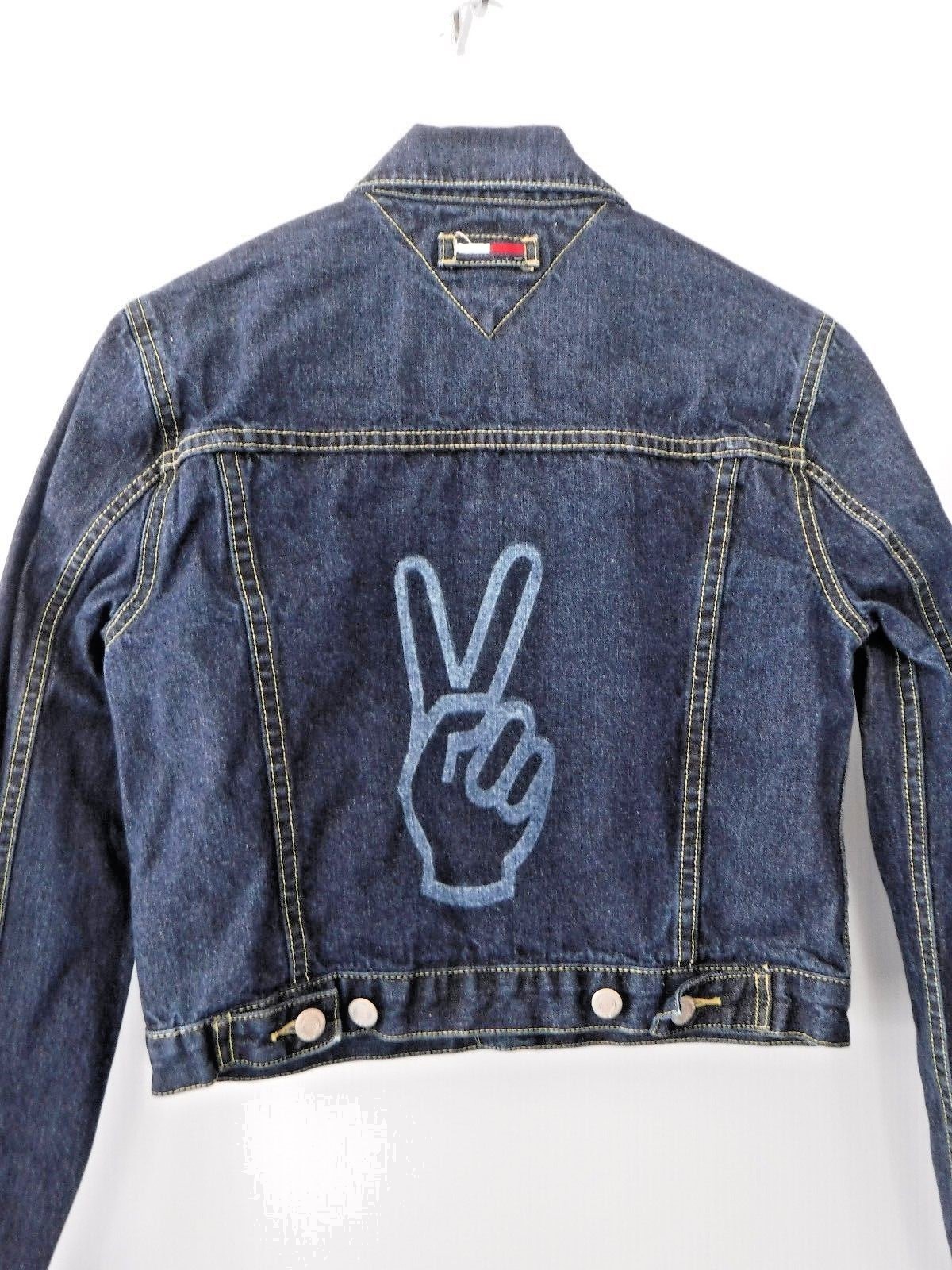 VINTAGE~TOMMY HILFIGER~Jean Jacket~Custom~PEACE HAND SIGN~Girls M~Hippie Art!