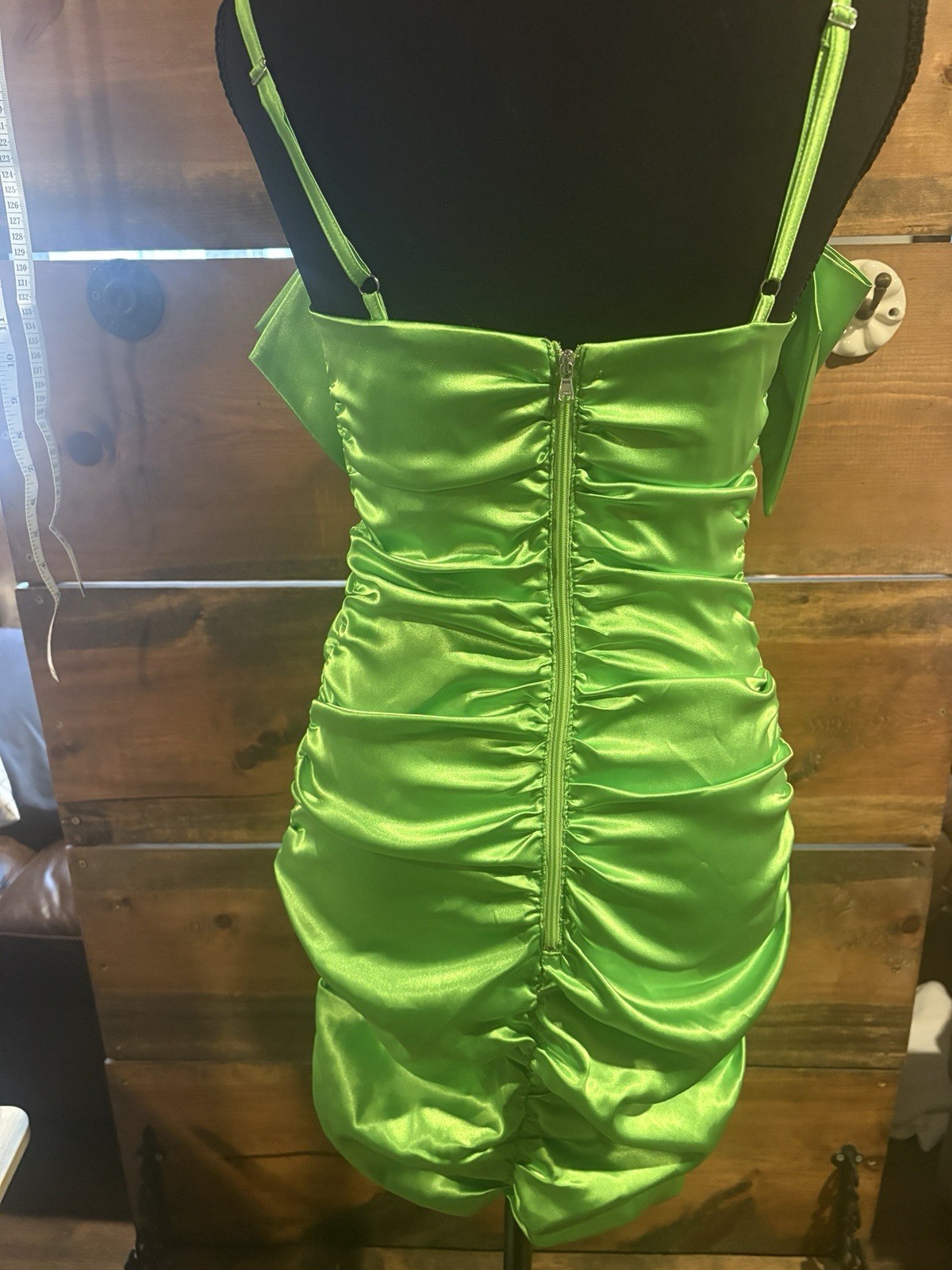 Mia Vesper Lime Green Sateen Dress With Many Bow Accents Adjustable Straps Small