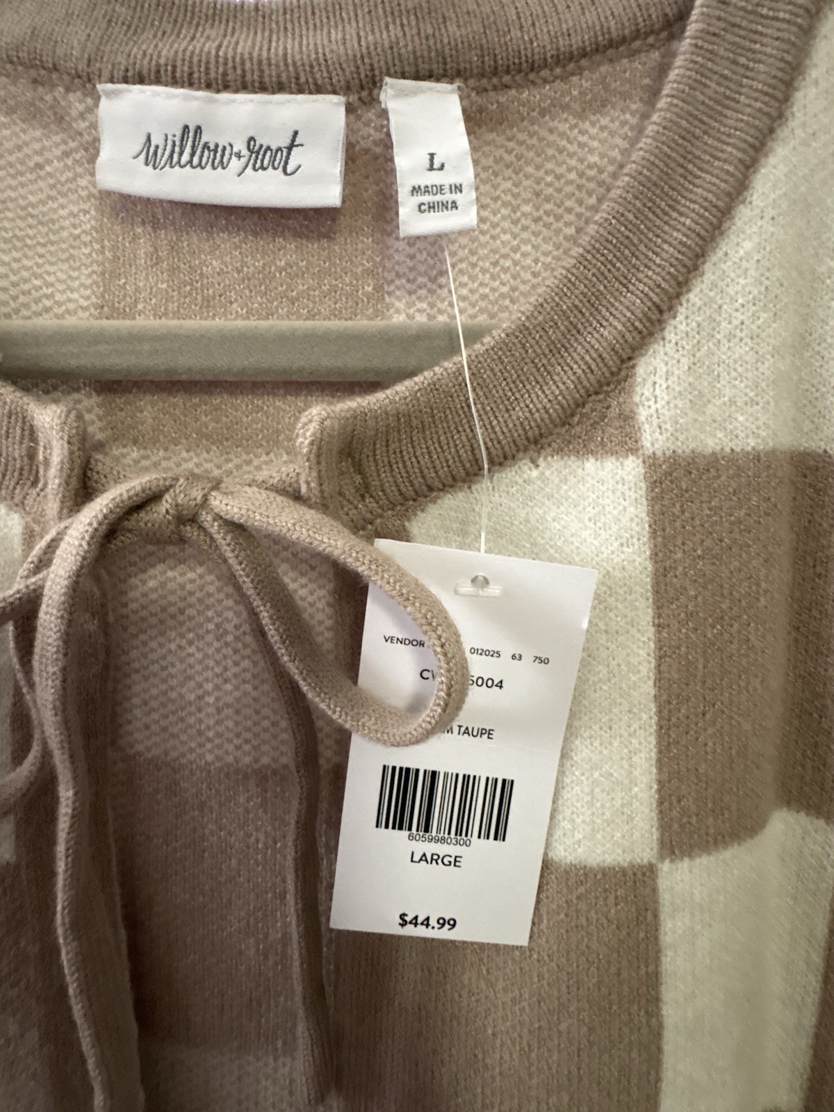 Willow + Root Women’s Tie-Front Knit Cardigan Sweater Check Taupe/Cream L