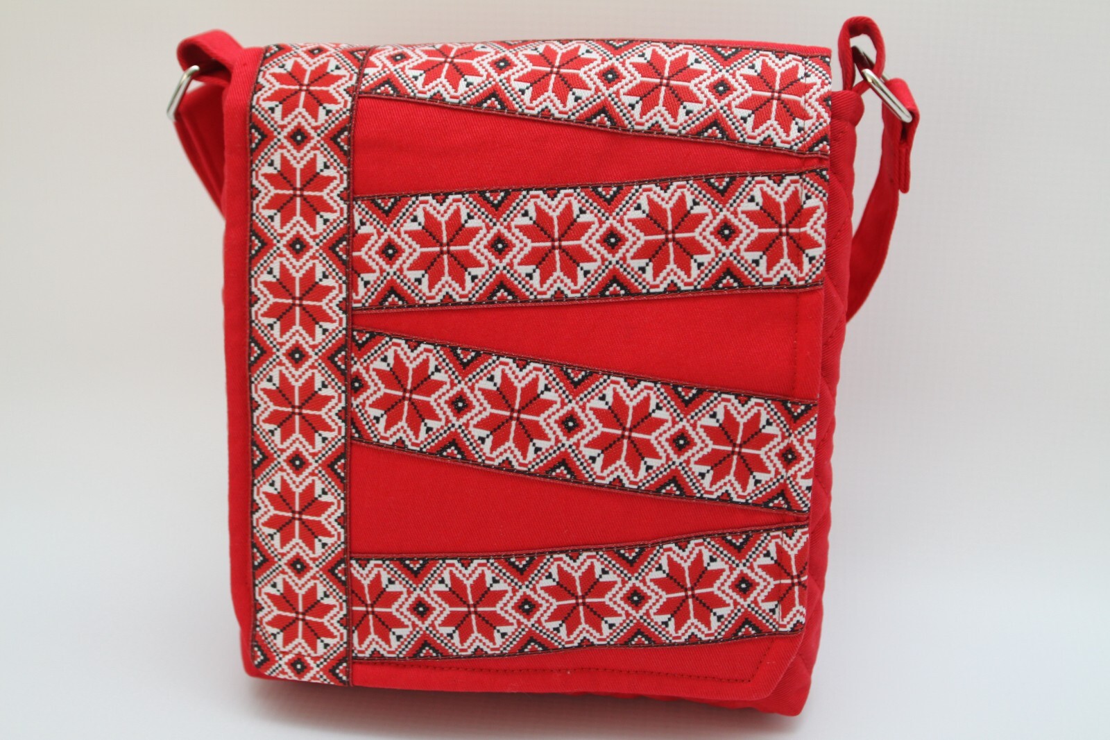 Red Natural Cotton Crossbody Bag Embroidered Adjustable Strap.