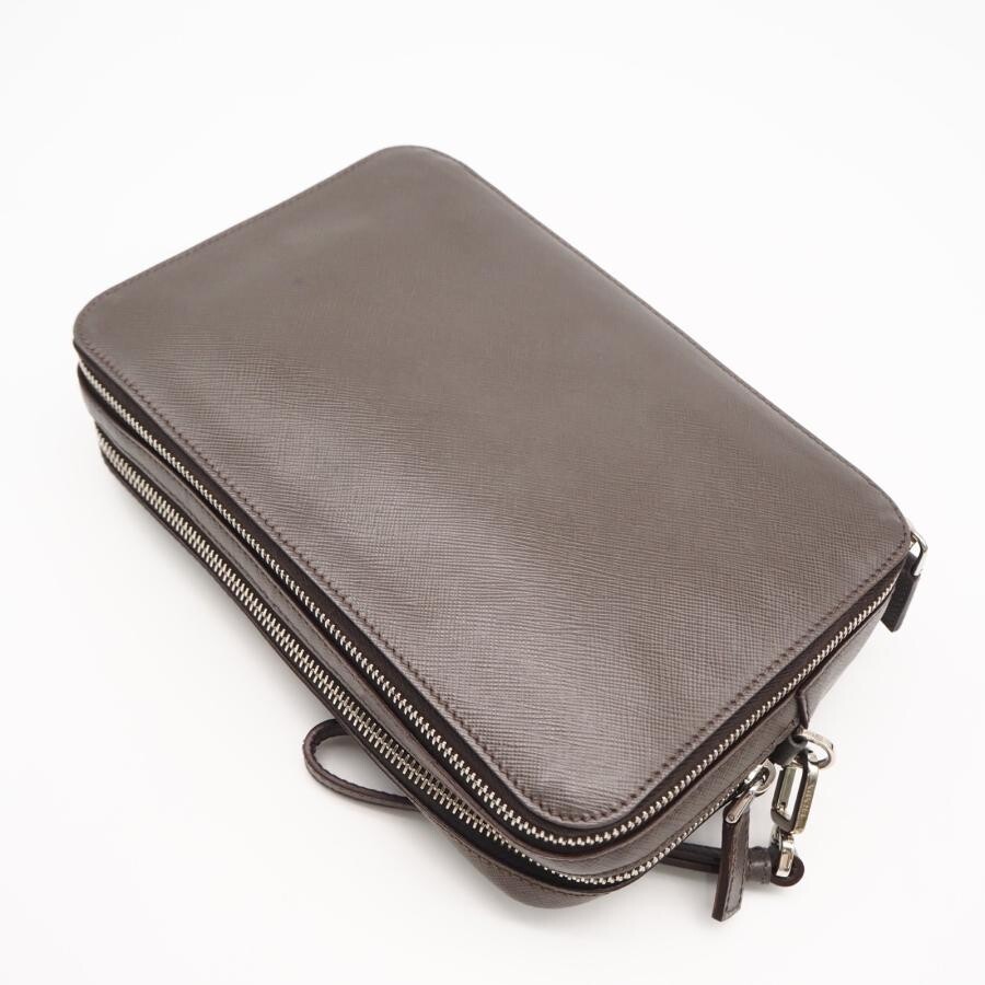 PRADA 2VF052 Clutch Saffiano Leather Greige Mens Zipper Pockets Card Slots