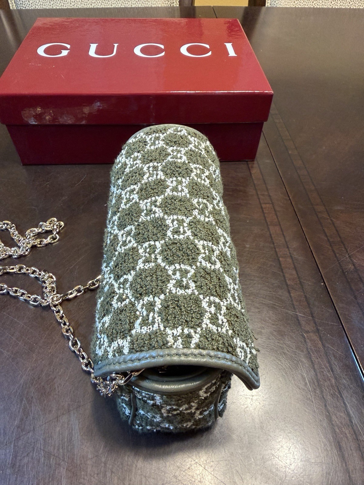 New Authentic Gucci GG Marmont Tweed Logo Shoulder Bag Mini Green