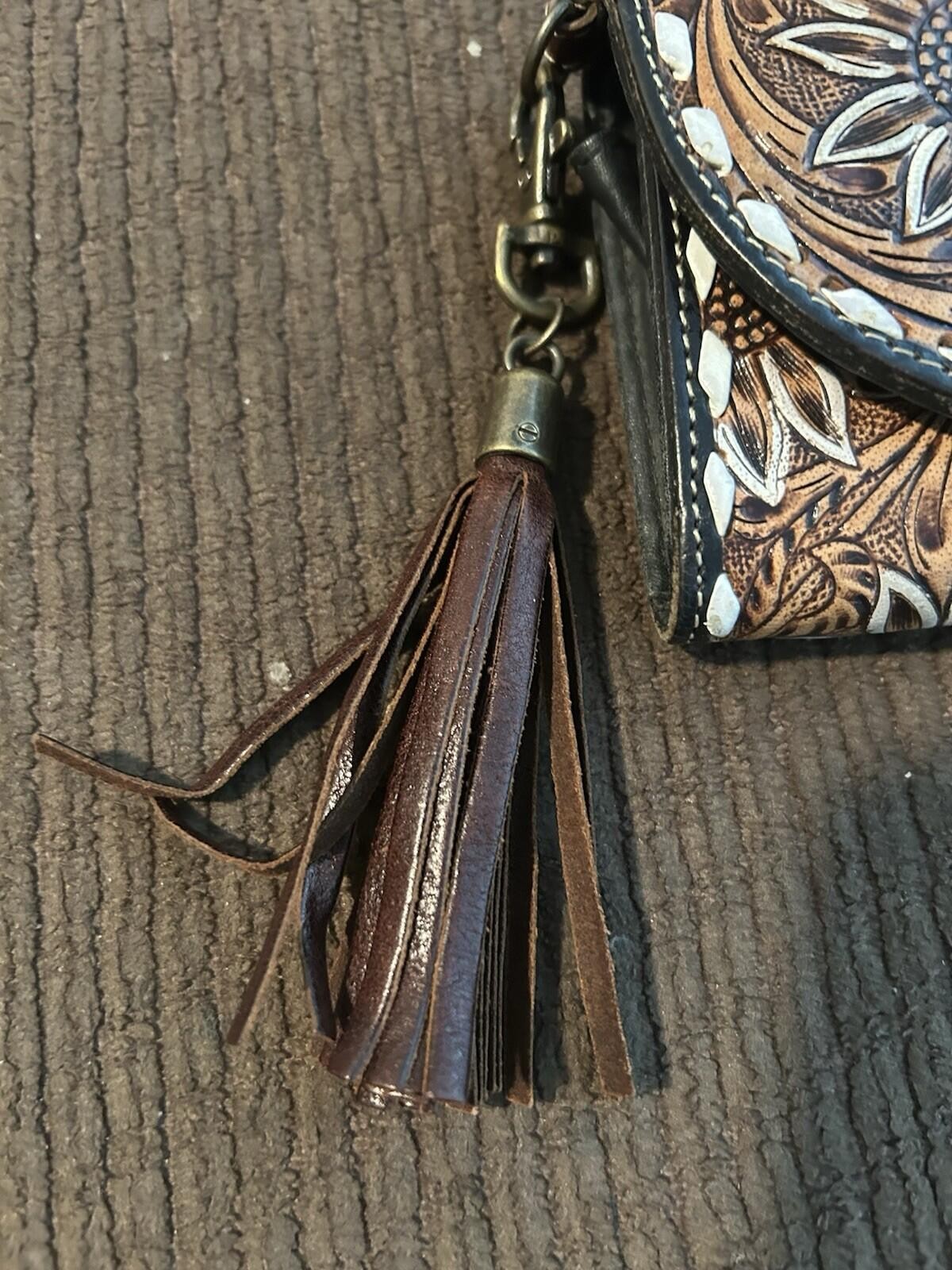 Myra Bag Sandstone Trail Wristlet Wallet Tooled Leather Sunflower Cowhide