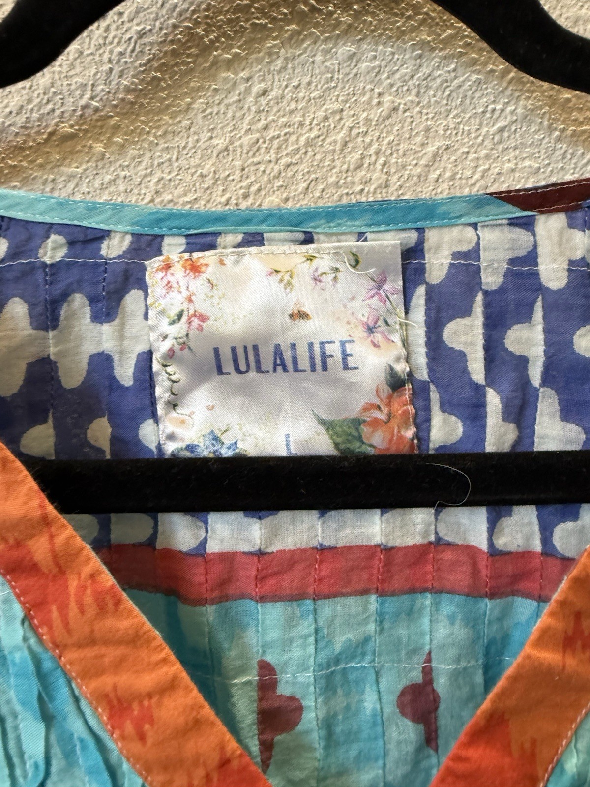 NWT LulaLife vibrant, multi-patterned top cotton v-neck Button closures. Size: L