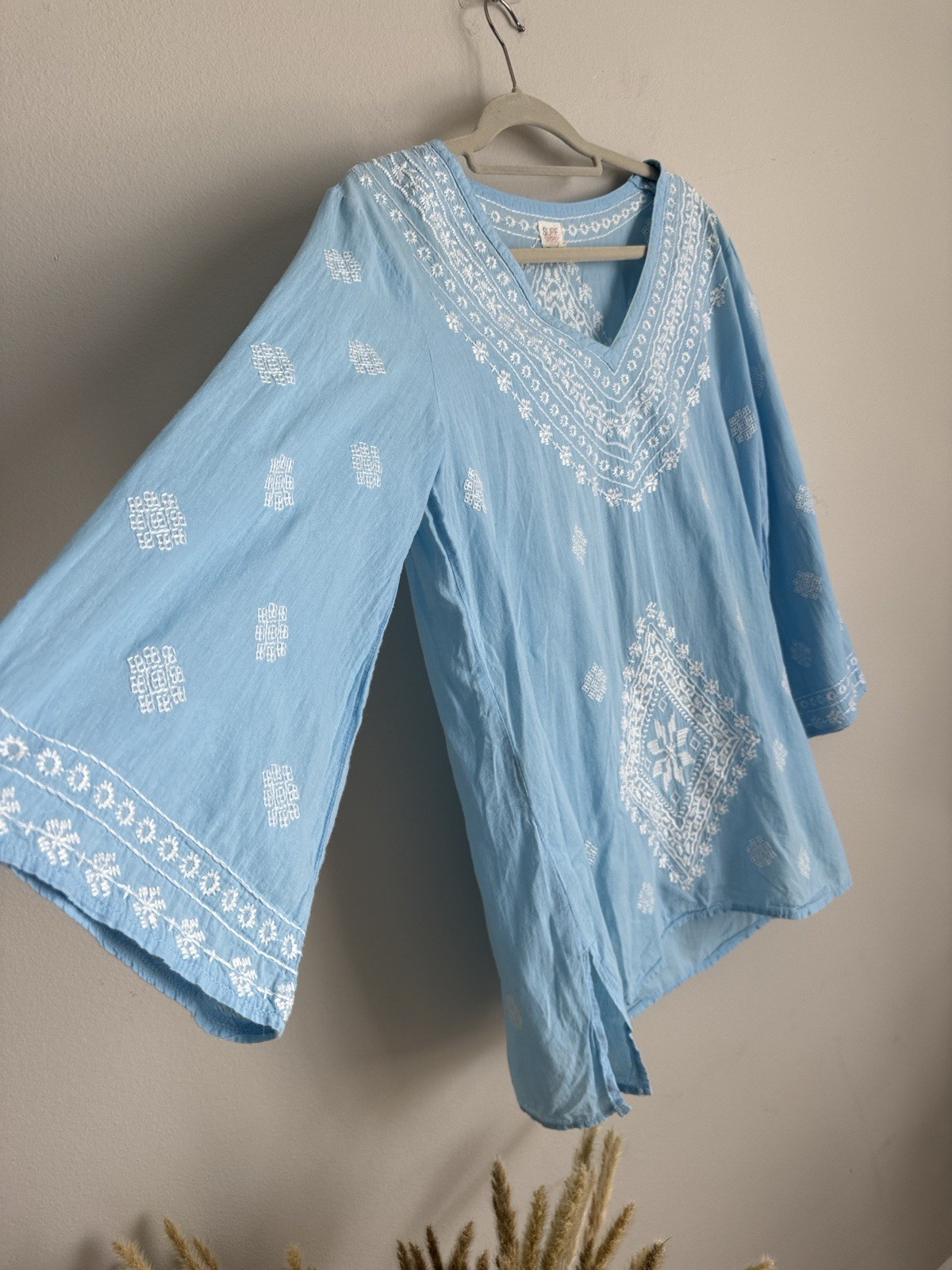 Surf Gypsy Blue Embroidered Cotton Tunic Boho Beach Cover Up Top Medium