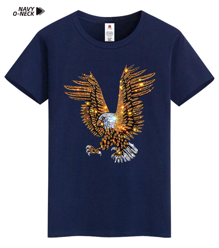 Men Fashion Diamonds T-Shirt Hawk Eagle 3D Rhinestones Hot Drill Short Sleeve