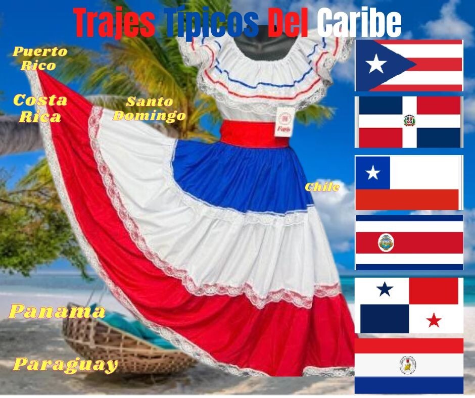Caribe Typical 3 P/C Set Flag Color Skirt Set, Ropa Tipica Del Caribe. (3 Piece)
