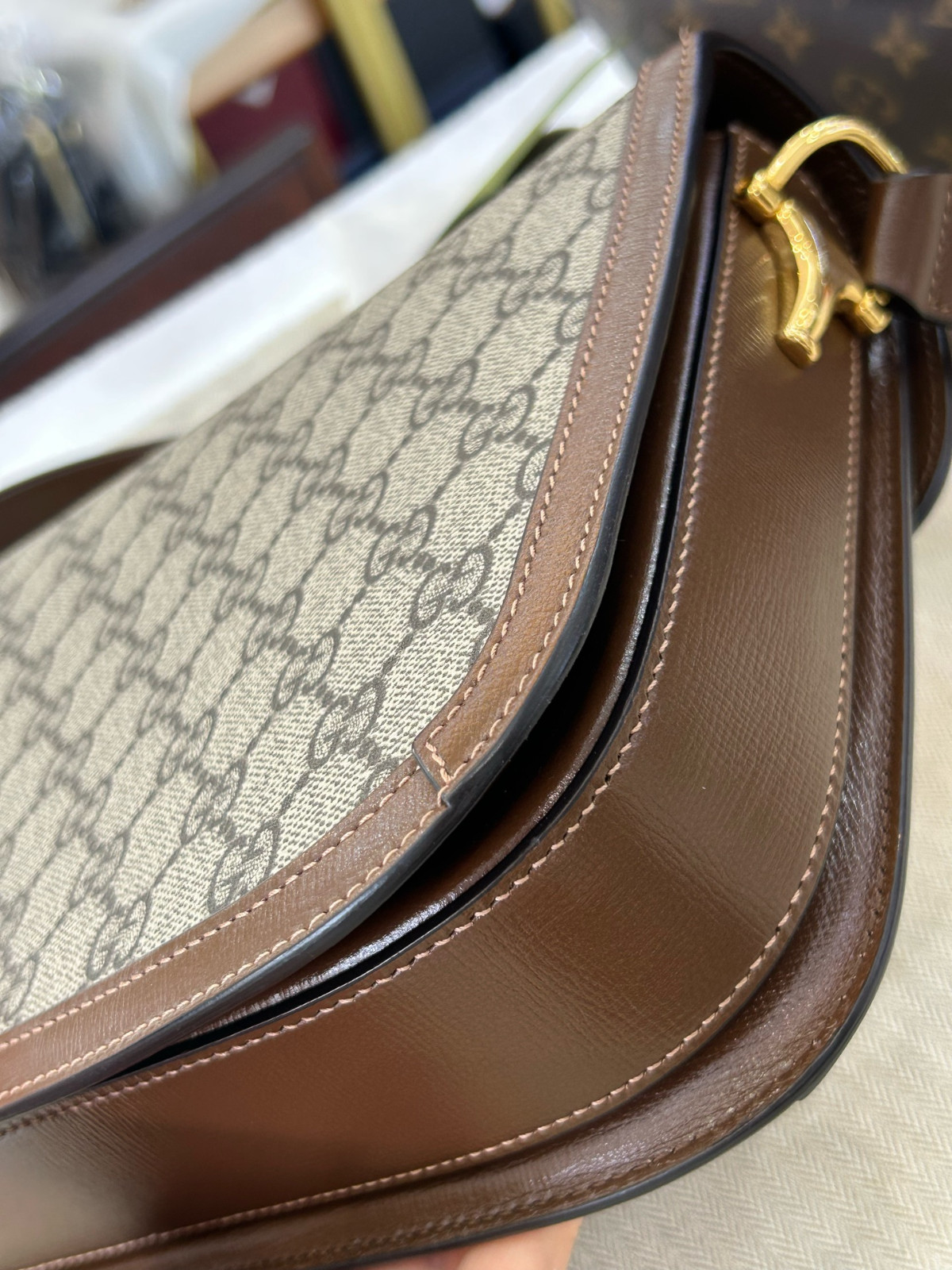 Authentic Gucci Horsebit 1955 GG Supreme Canvas and Leather Shoulder Bag Brown