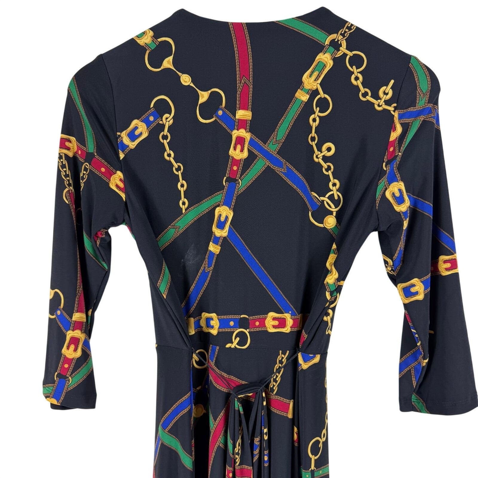 Lauren Ralph Lauren Equestrian Chain Print Faux Wrap Midi Dress Black Red Small