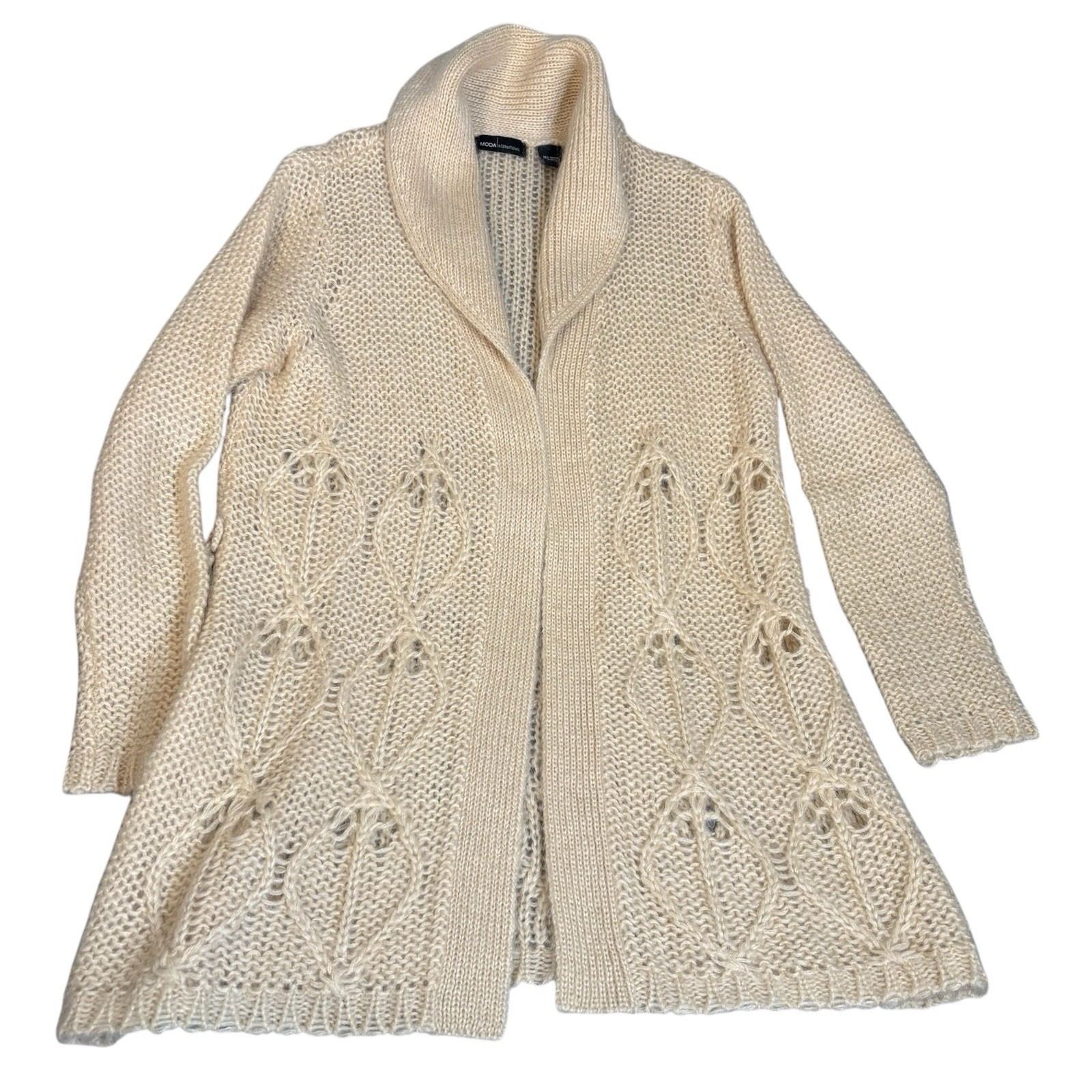 Moda International Cream Mohair Long Open Cardigan Sweater Large Cottagecore