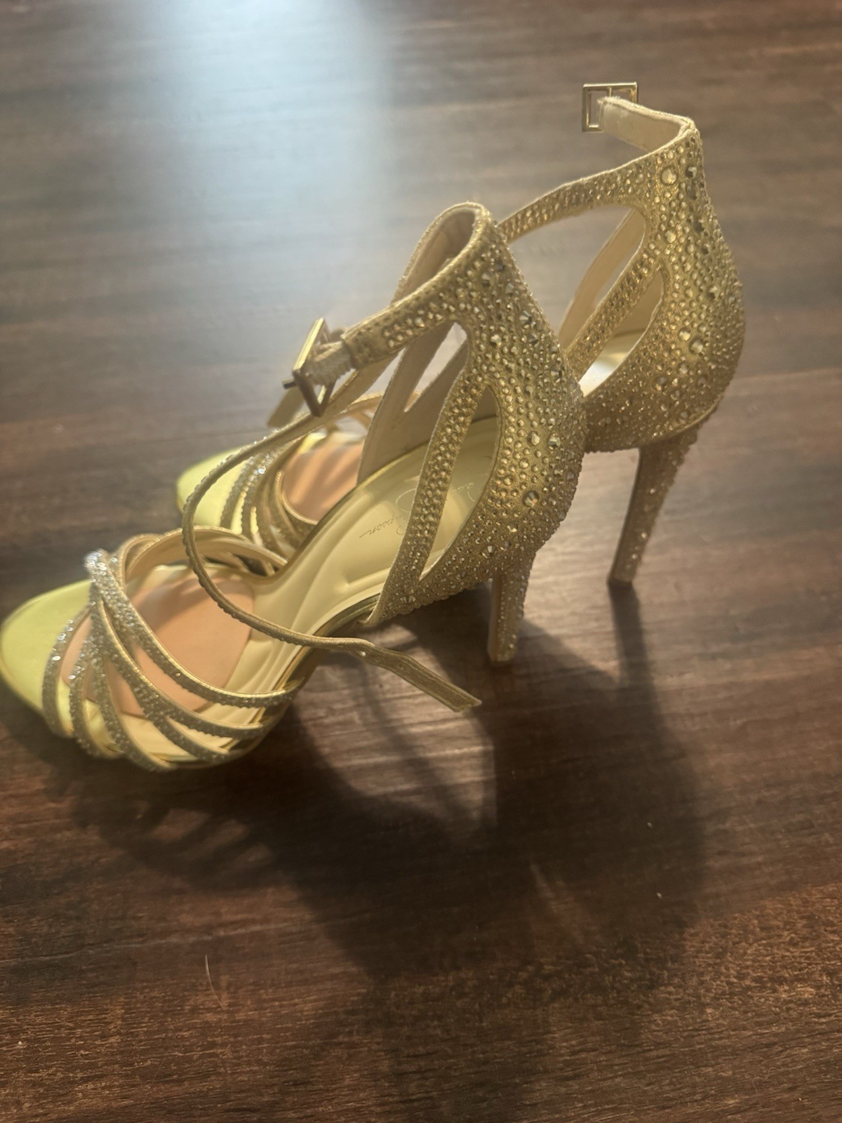 Jessica Simpson Women’s Gold Rhinestone Strappy Open Toe Stiletto Heels 9