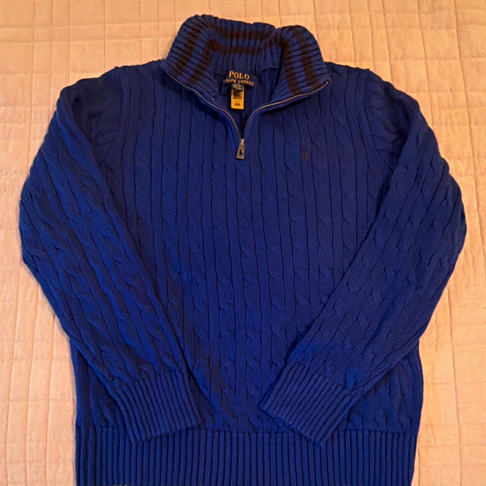 Polo Ralph Lauren Boys L 14-16 Blue Cable Knit 1/4 Zip Sweater Pony