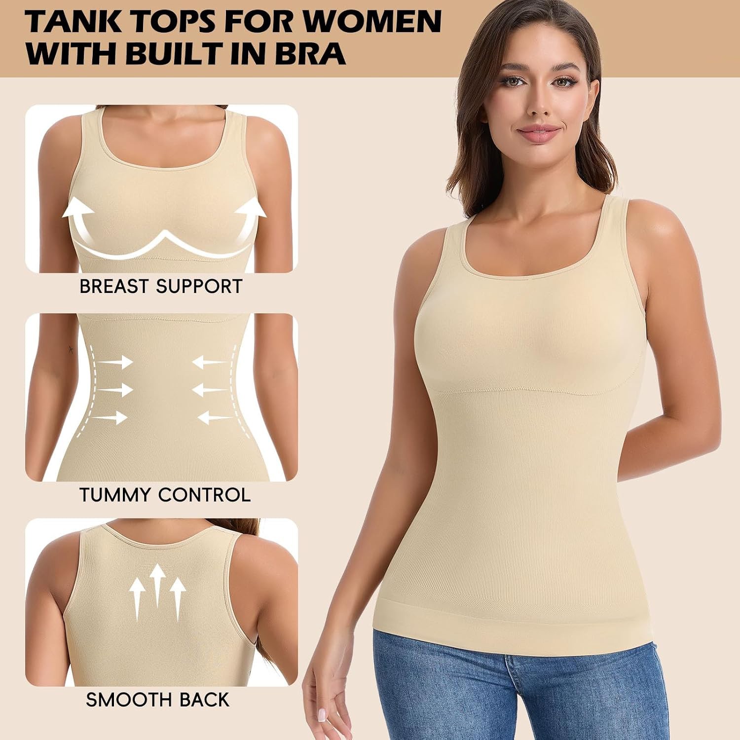 Women Square Neck Camisole Vest Built In Bra Tummy Control Slimming Body Shaper