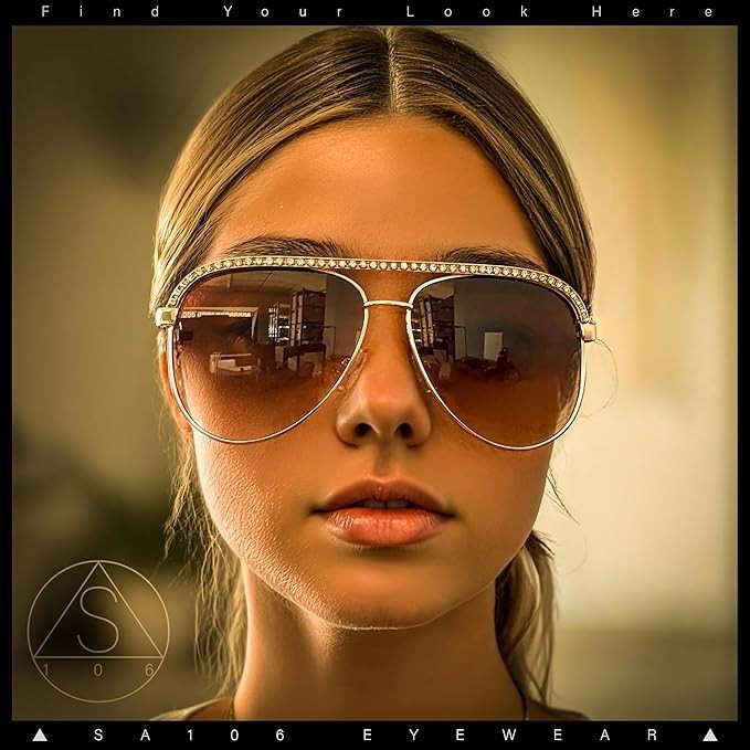 SA106 Rhinestone Trim Pilot Sunglasses UV400 Metal Frame Gradient Lens
