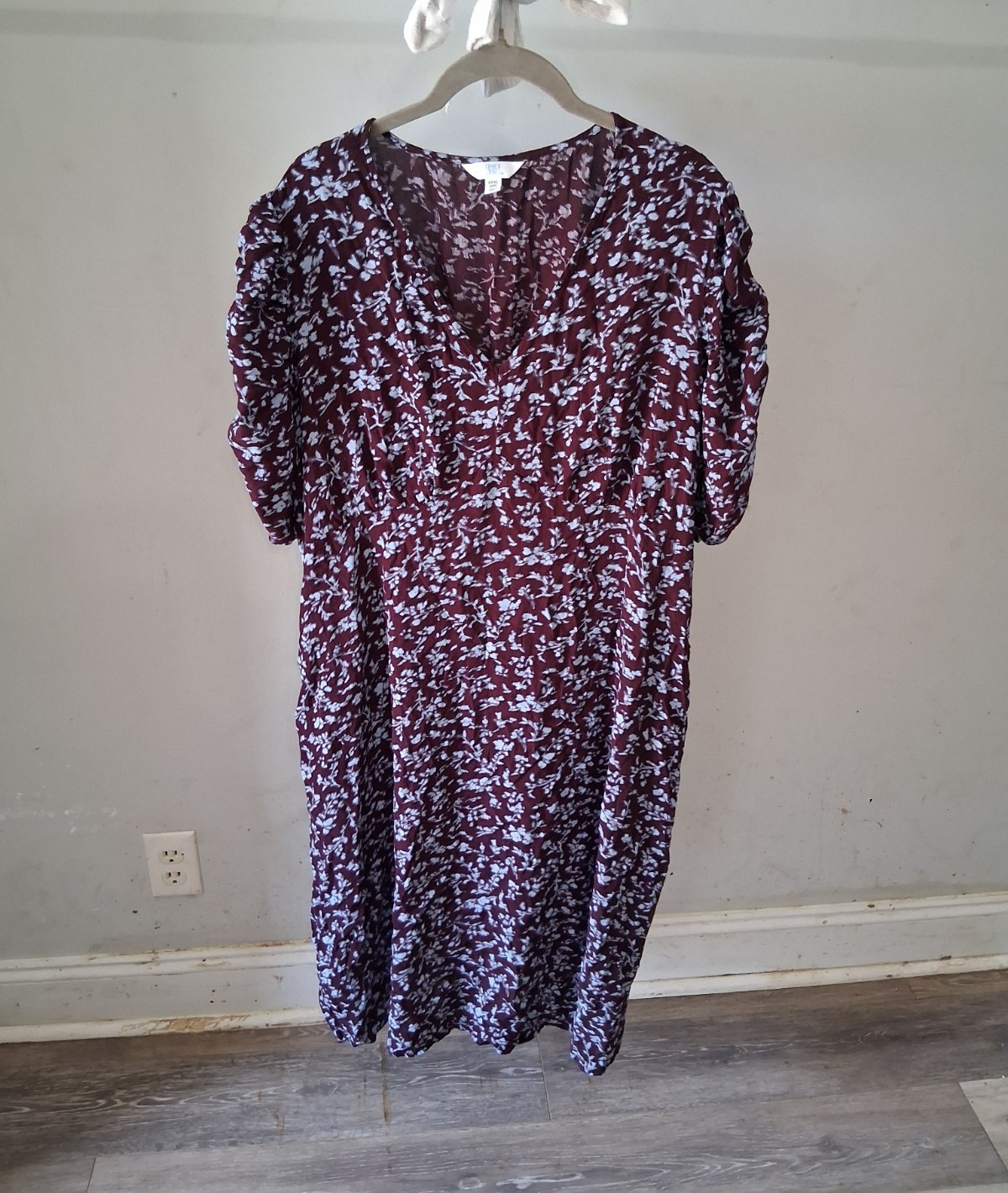 Time and Tru Brown/Blue Floral V-Neck Midi Dress 22 XXXL Ruched Puff