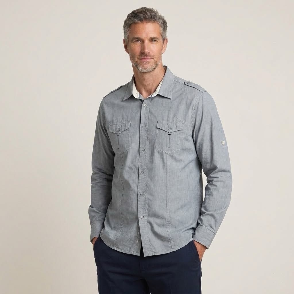 Guess Los Angeles Mens XXL Grey Pinstripe Military Button Down Shirt Epaulettes