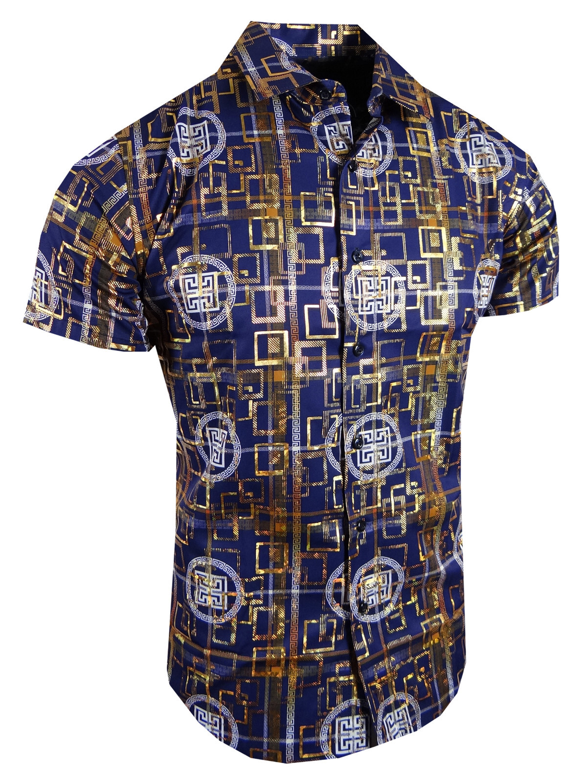 Mens Short Sleeve Shirt Italian Print Floral Shiny Foil Stretch Slim Fit Button