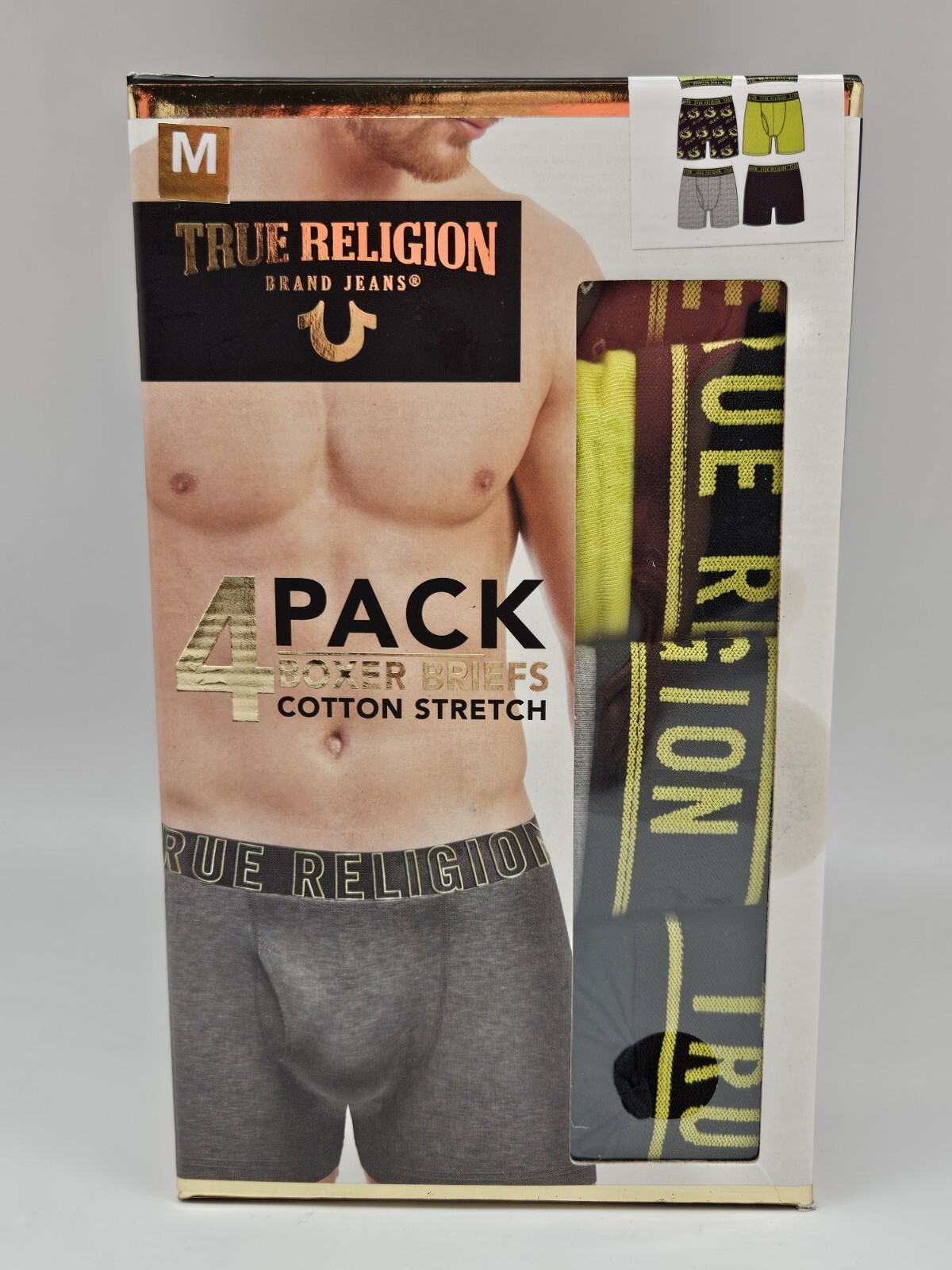 TRUE RELIGION Mens M L XL 4Pk Cotton Stretch Boxer Briefs Black Gray Neon Yellow