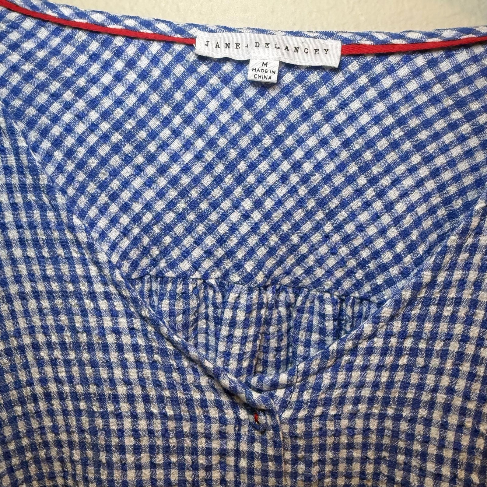 Jane + Delancey Women’s Blue and White Gingham Button-Front Ruffle Sleeve Blouse