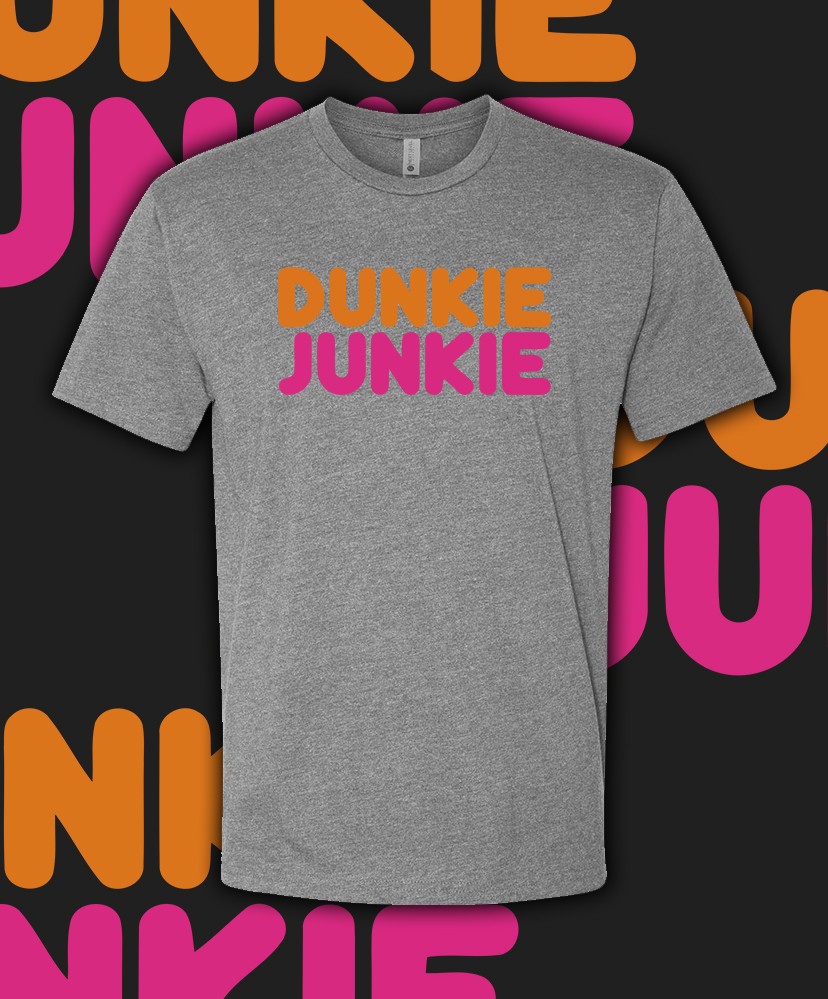Dunkin Donuts Dunkie Junkie Coffee logo T Shirt Adult and youth size Fast Ship
