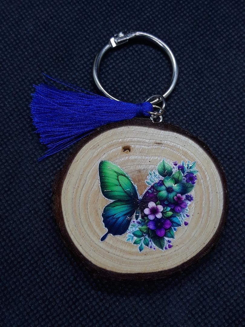 Beautiful Multi Color Handmade Flowers & Butterfly Wood Round Keychain Tag