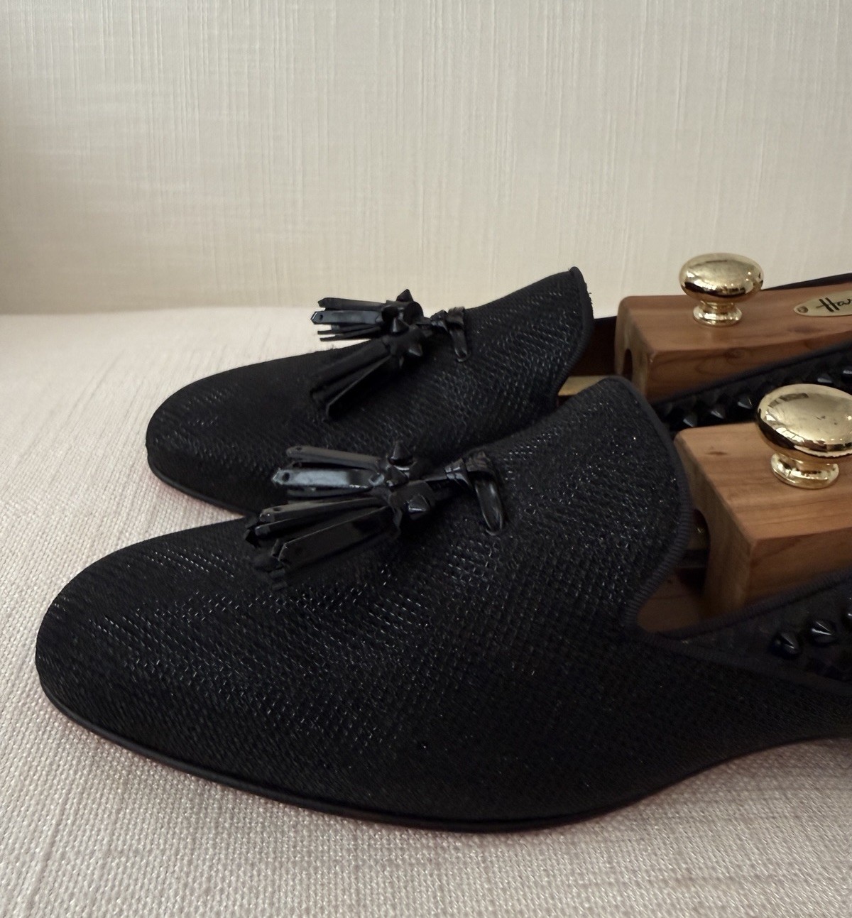 Christian Louboutin Dandelion Tassel Black Glitter Spike Mens Loafers Size 42