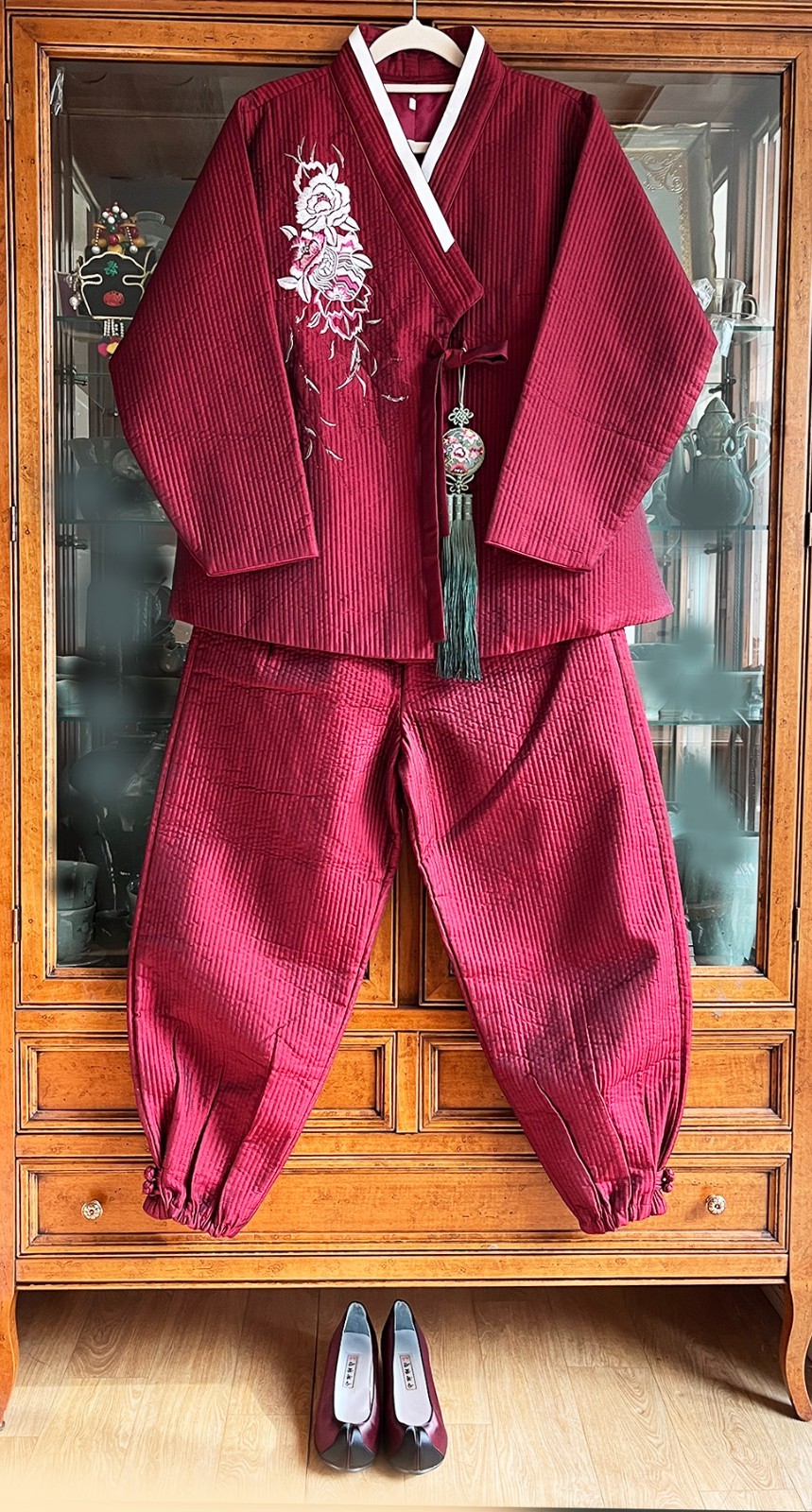 S-M Traditional Korean Modern Hanbok Set-Quilted Nubi Burgundy Top/ Pants /Scarf