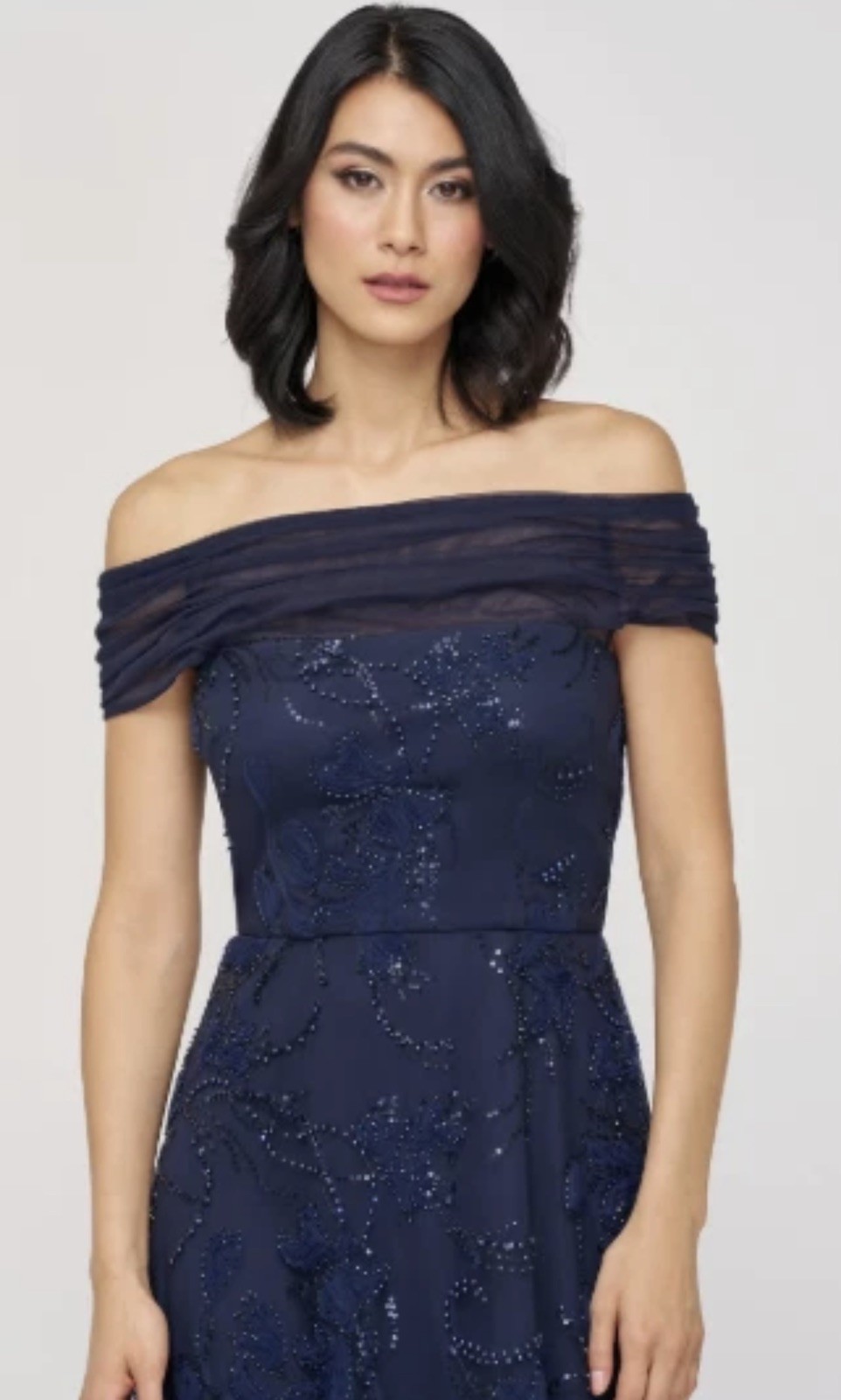 NWT J&S Collection Gemma Off Shoulder Navy beaded Cocktail Gown Dress