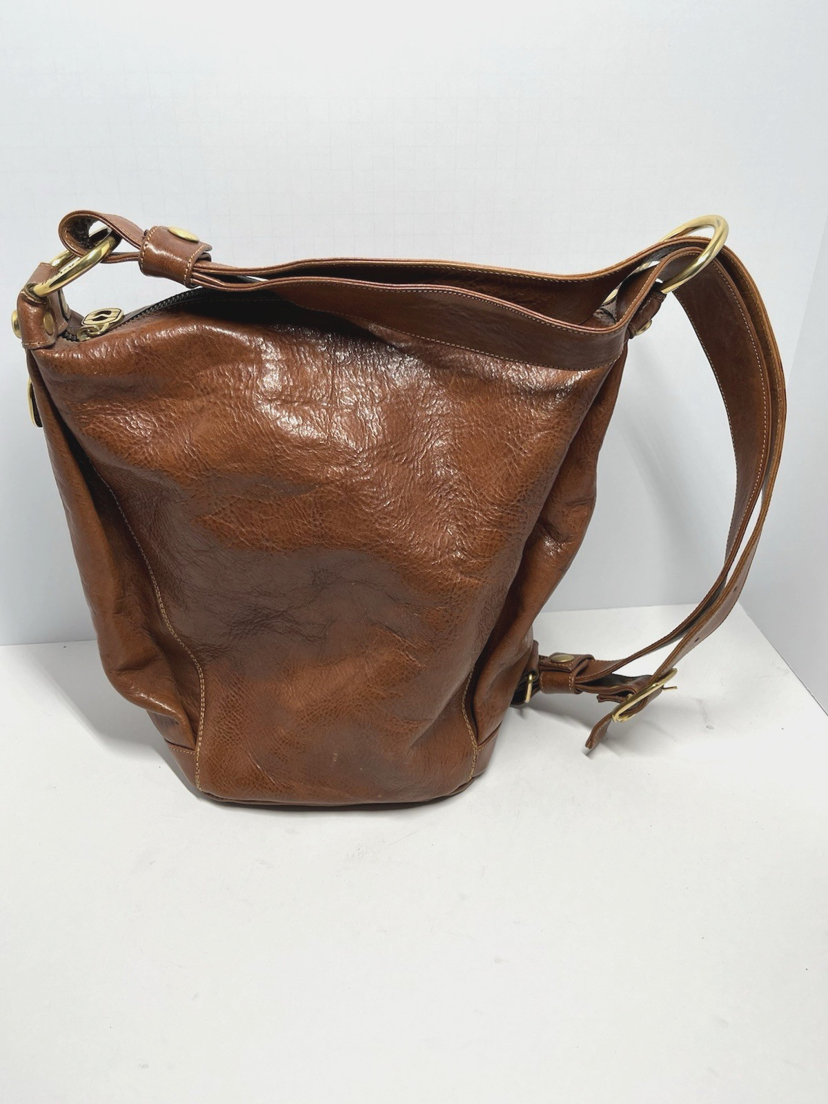 Marino Orlandi Brown Italian Leather Sling Bucket Shoulder Bag Purse Saddle Zip