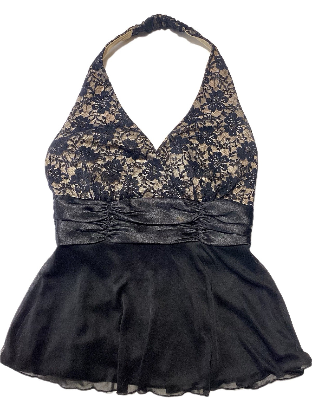 VTG Y2K Dressbarn Babydoll Halter Tank Sz 4P Fairy Grunge Whimsigoth Lace Stain